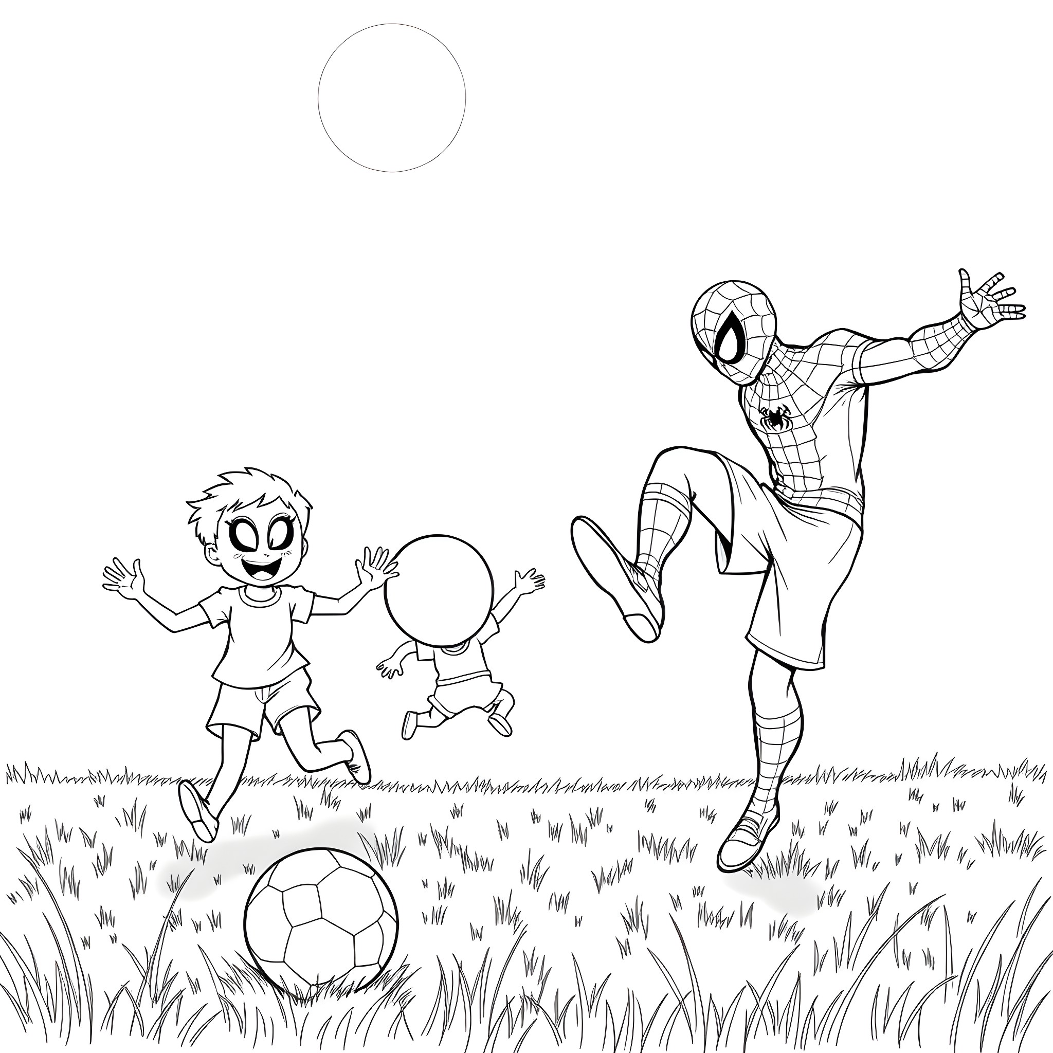 Bluey and friends playing soccer with Spiderman Coloring Page (free black-and-white line drawing printable PDF for all, from beginners to advanced learners, including children, teens, adults, and seniors)