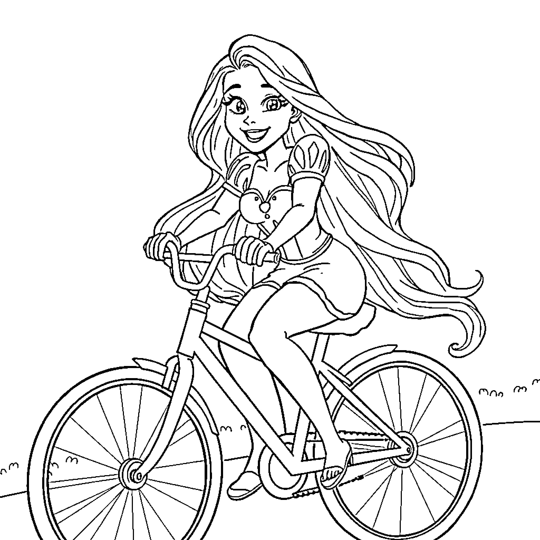 Rapunzel riding a bicycle with joy Coloring Page (free black-and-white line drawing printable PDF for all, from beginners to advanced learners, including children, teens, adults, and seniors)