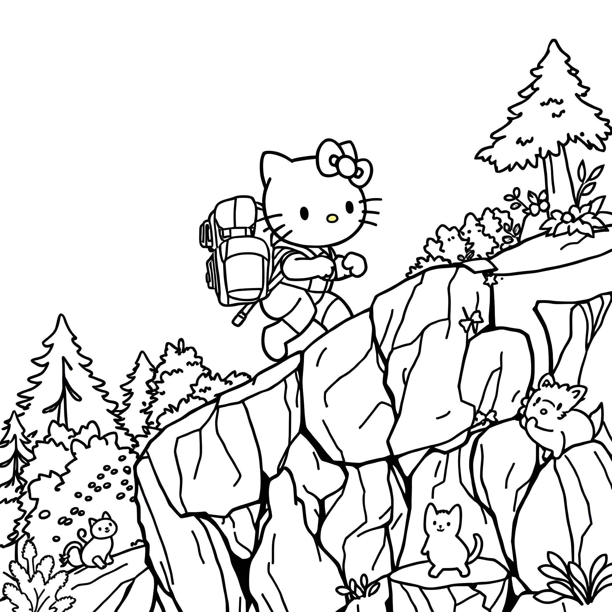 Hello Kitty Exploring Outdoor Nature Scenery Coloring Page (free black-and-white line drawing printable PDF for all, from beginners to advanced learners, including children, teens, adults, and seniors)