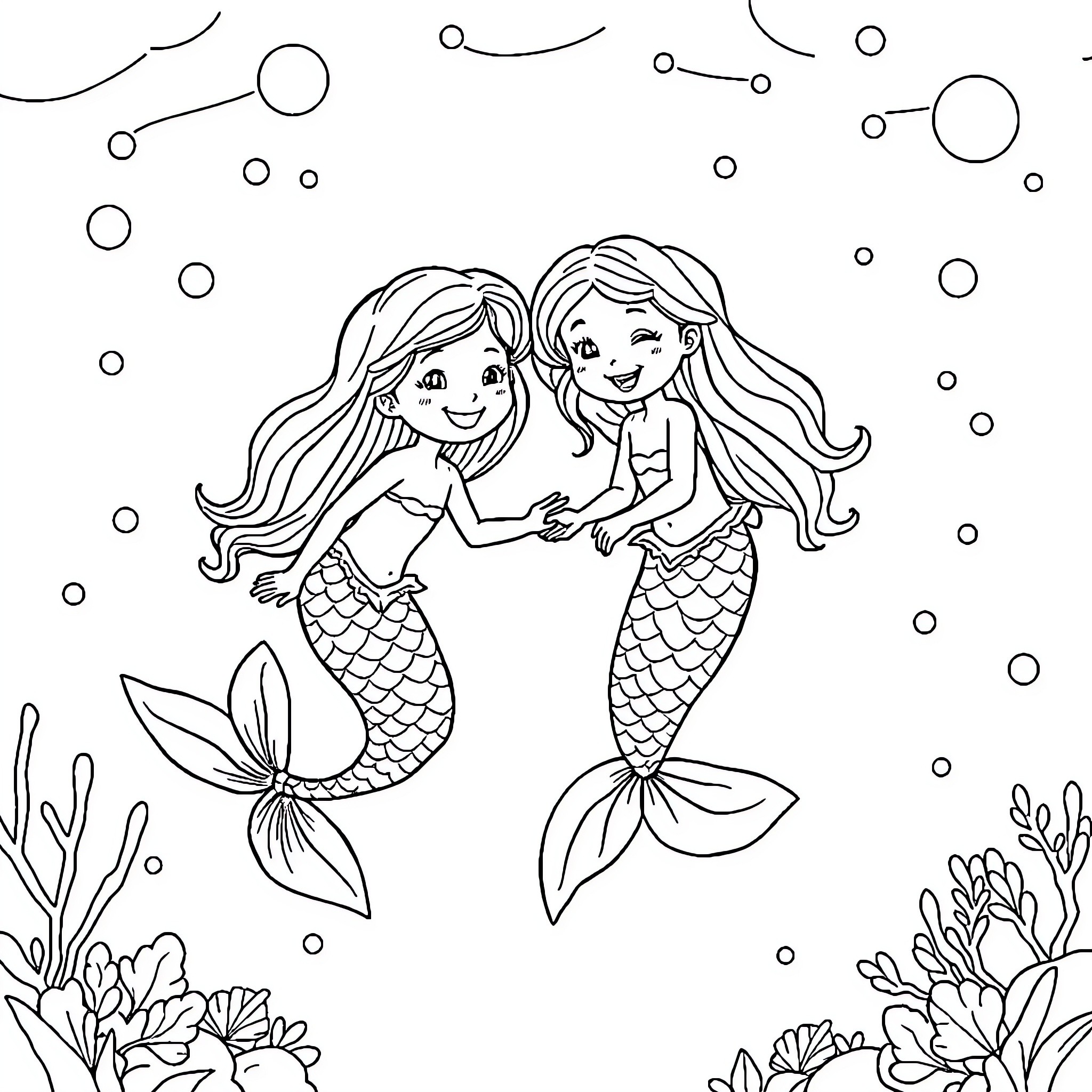 Mermaid friends exploring the underwater world Coloring Page (free black-and-white line drawing printable PDF for all, from beginners to advanced learners, including children, teens, adults, and seniors)
