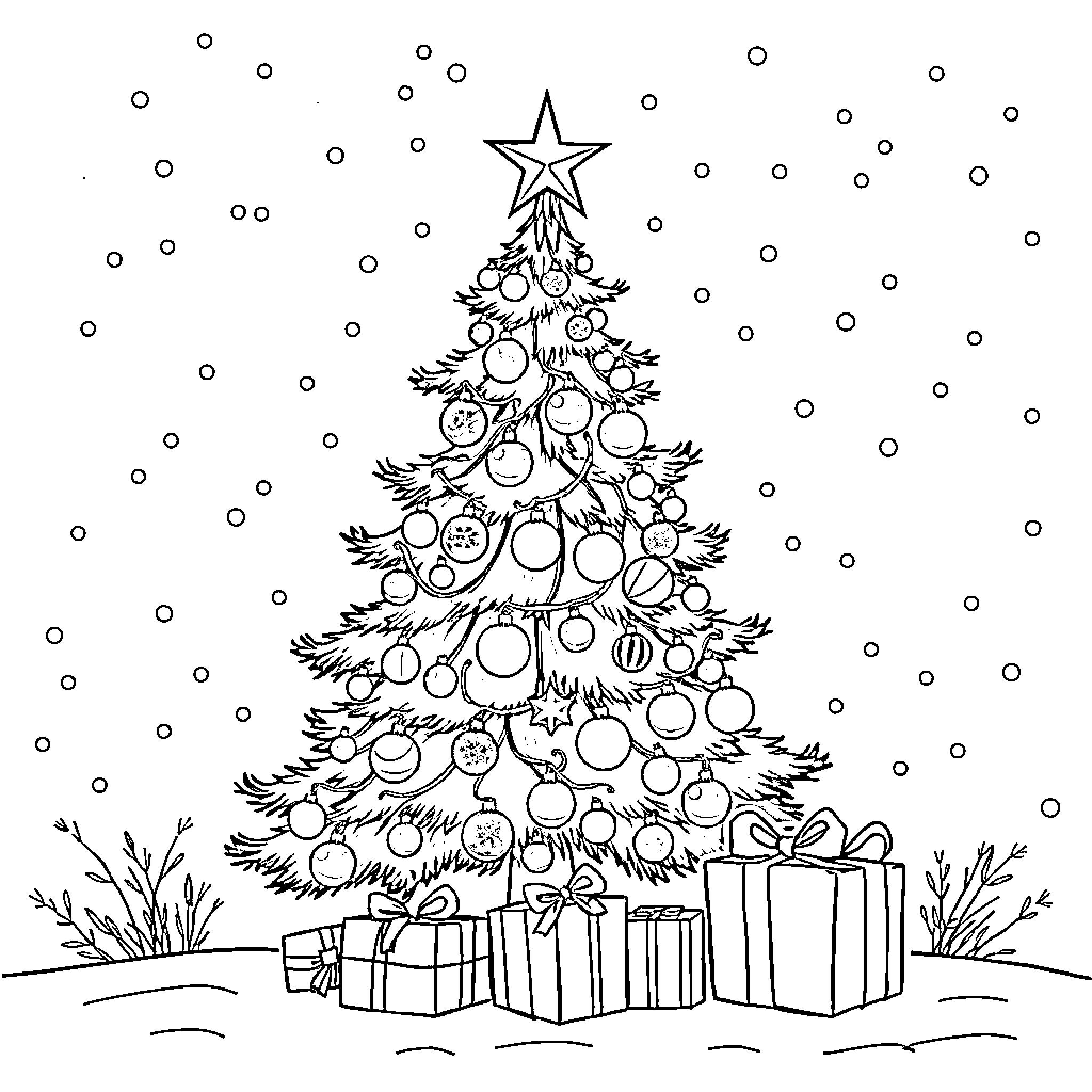 Christmas Tree with Ornaments and Gifts Coloring Page (free black-and-white line drawing printable PDF for all, from beginners to advanced learners, including children, teens, adults, and seniors)