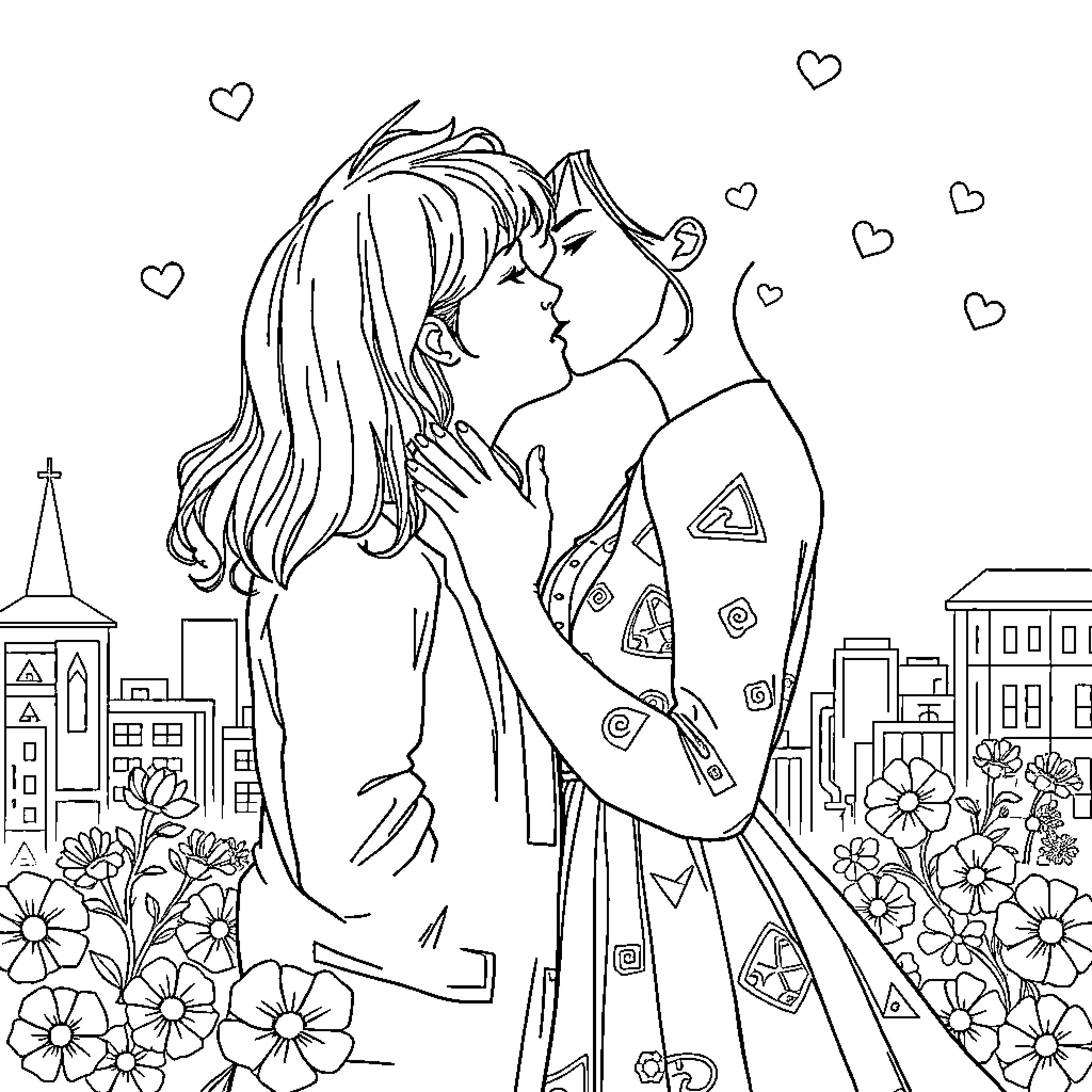Dynamite Kiss in the City of Love Coloring Page (free black-and-white line drawing printable PDF for all, from beginners to advanced learners, including children, teens, adults, and seniors)