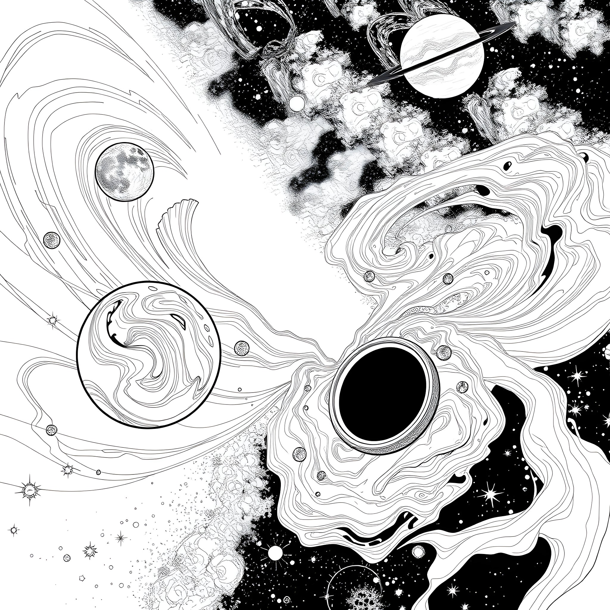 Planet cosmic swirls and celestial bodies Coloring Page (free black-and-white line drawing printable PDF for all, from beginners to advanced learners, including children, teens, adults, and seniors)