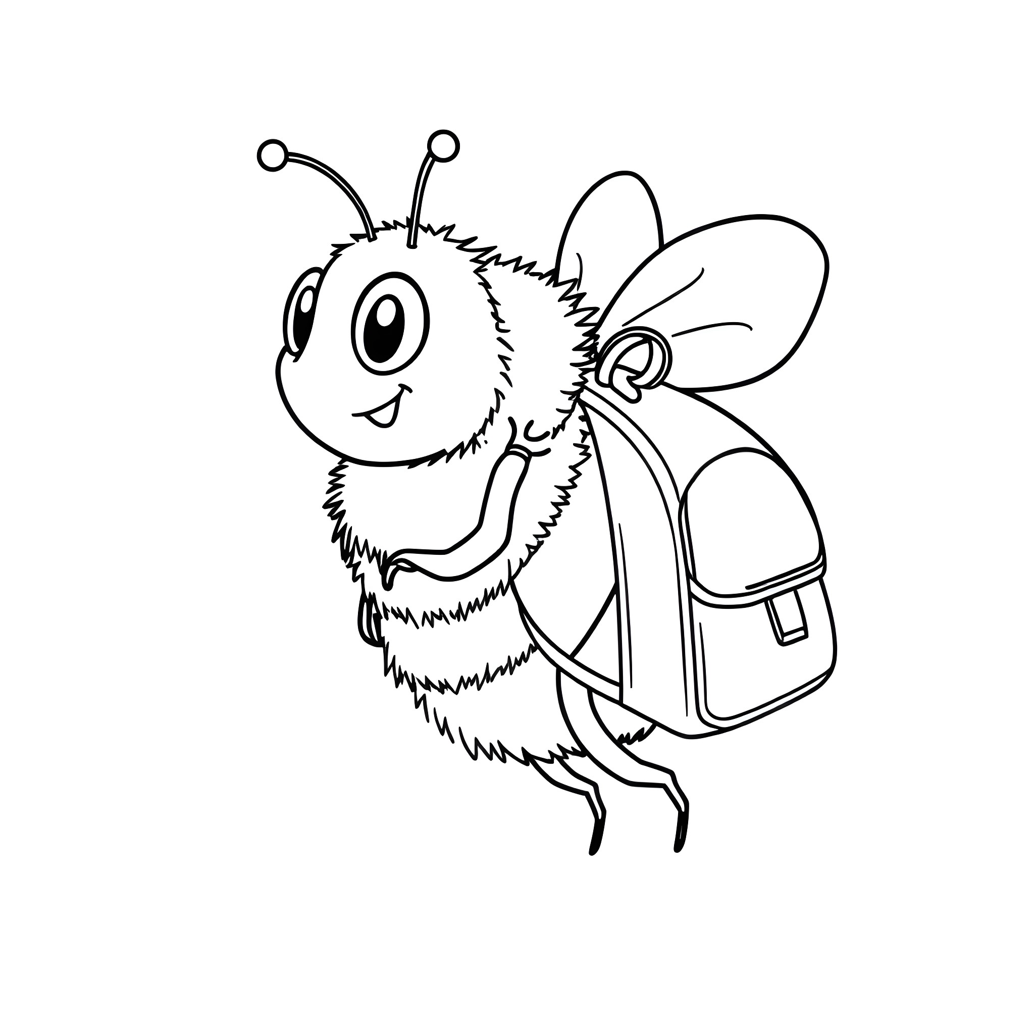 Bumble Bee with Backpack Going to School Coloring Page (free black-and-white line drawing printable PDF for all, from beginners to advanced learners, including children, teens, adults, and seniors)