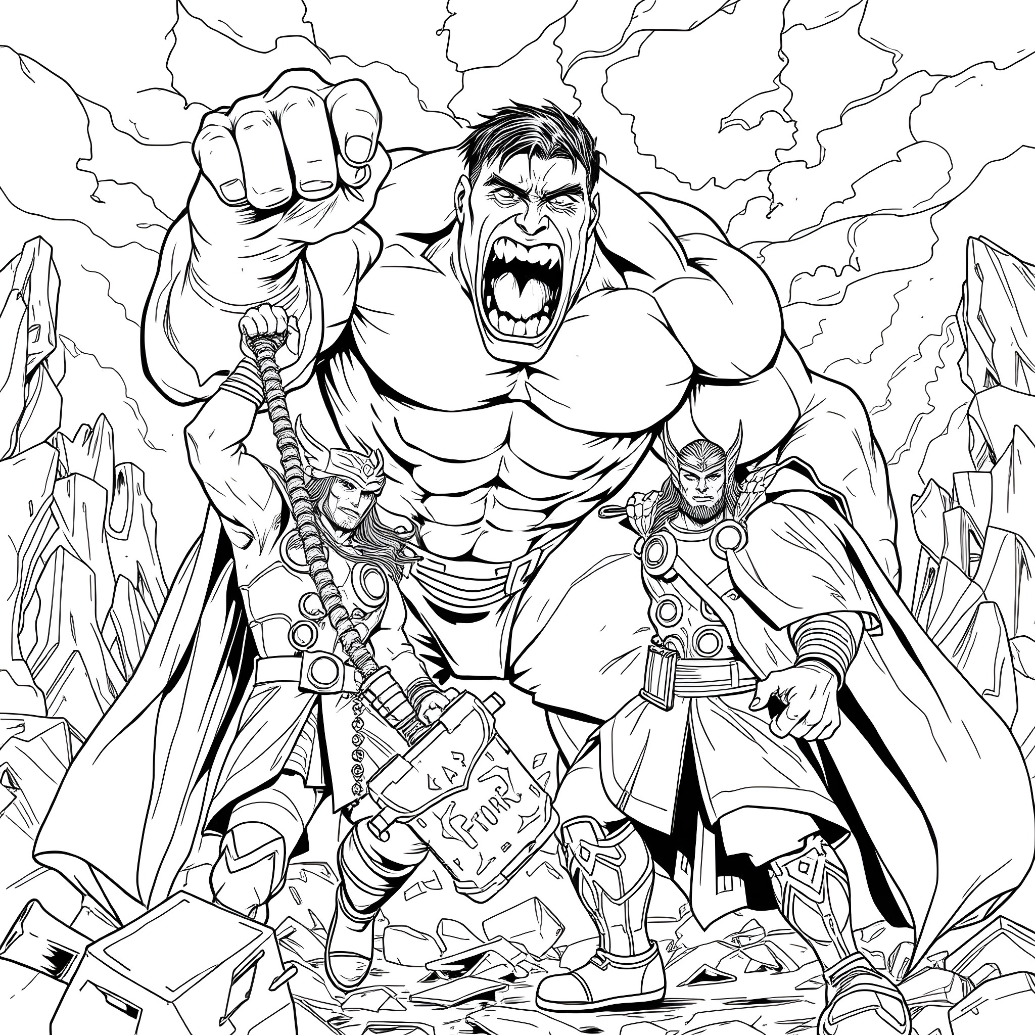 Thor Unleashing Powerful Assault in Heroic Pose Coloring Page (free black-and-white line drawing printable PDF for all, from beginners to advanced learners, including children, teens, adults, and seniors)
