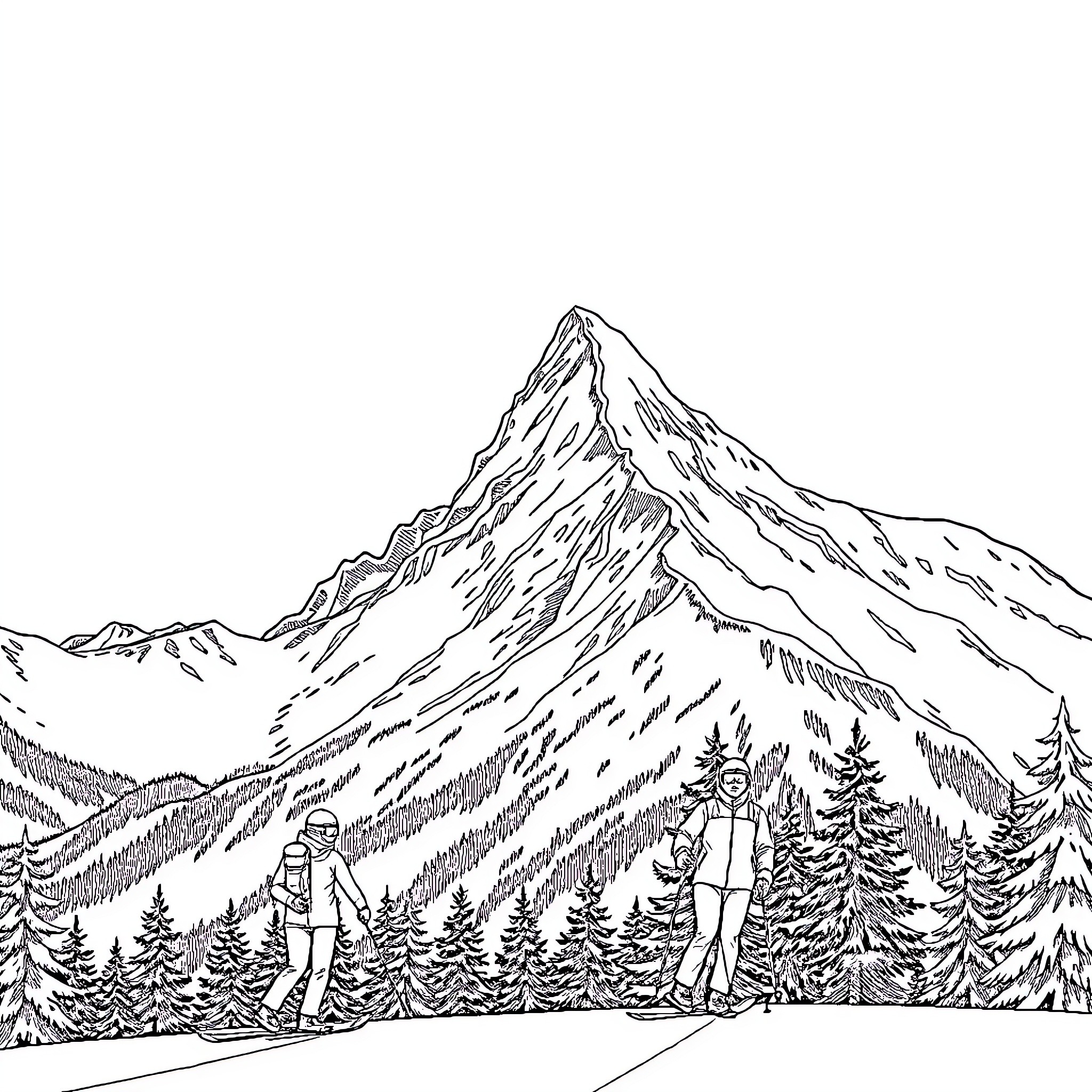 Valluga mountain hiking scene with people Coloring Page (free black-and-white line drawing printable PDF for all, from beginners to advanced learners, including children, teens, adults, and seniors)