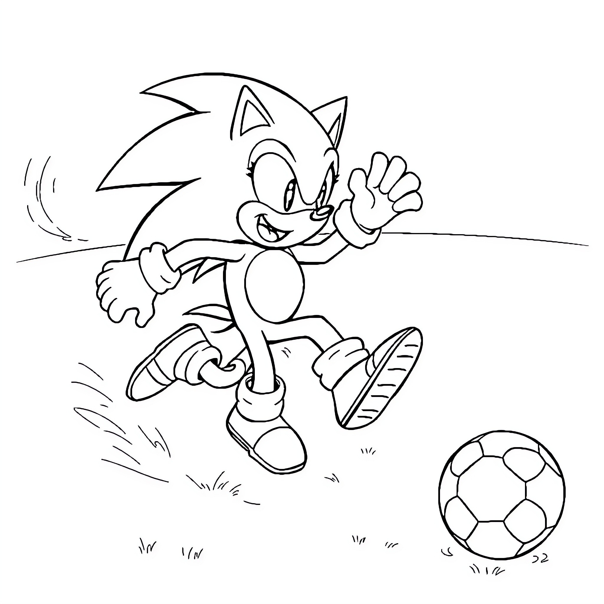 Sonic running and playing with a soccer ball Coloring Page (free black-and-white line drawing printable PDF for all, from beginners to advanced learners, including children, teens, adults, and seniors)