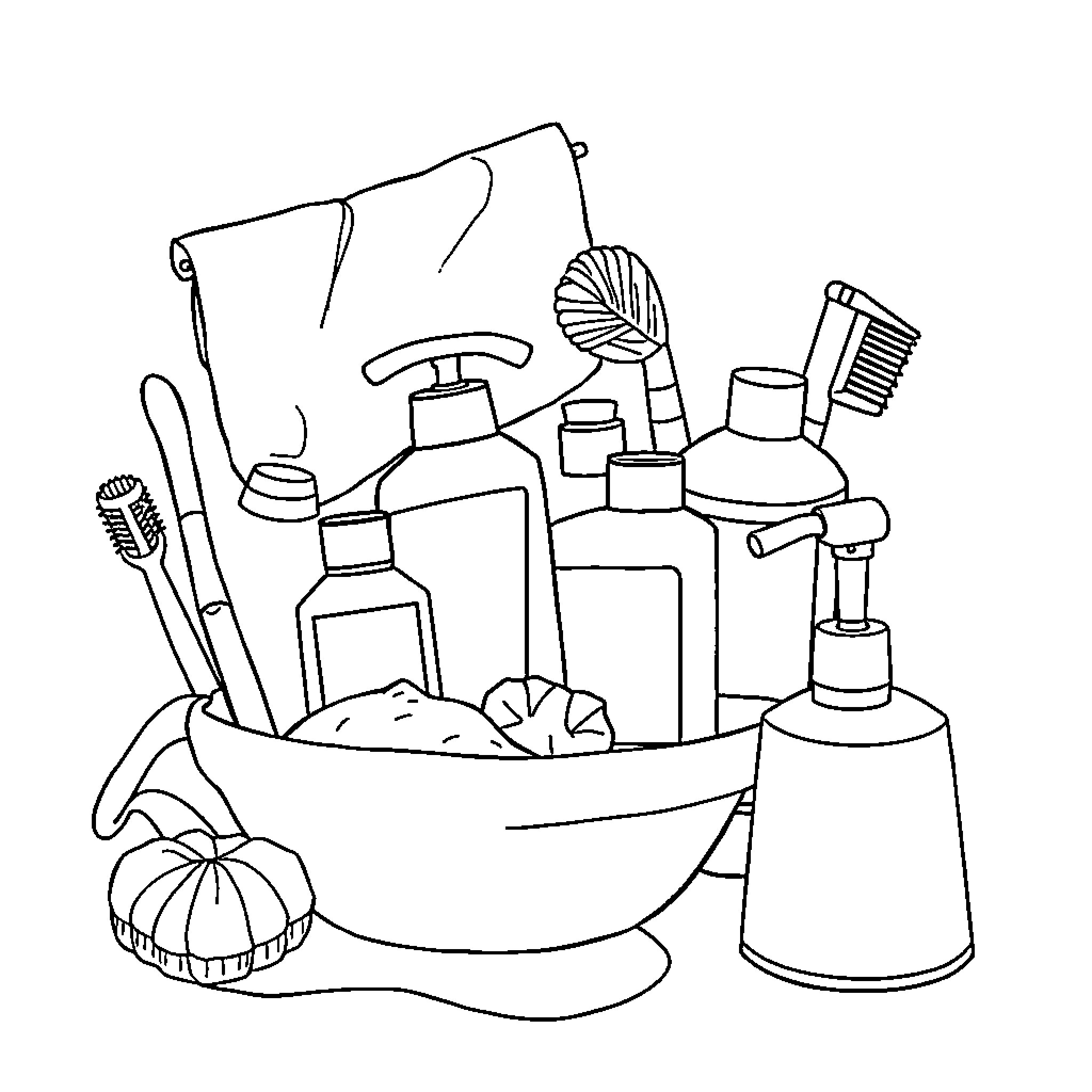 Toiletries and Bathroom Essentials Coloring Page (free black-and-white line drawing printable PDF for all, from beginners to advanced learners, including children, teens, adults, and seniors)