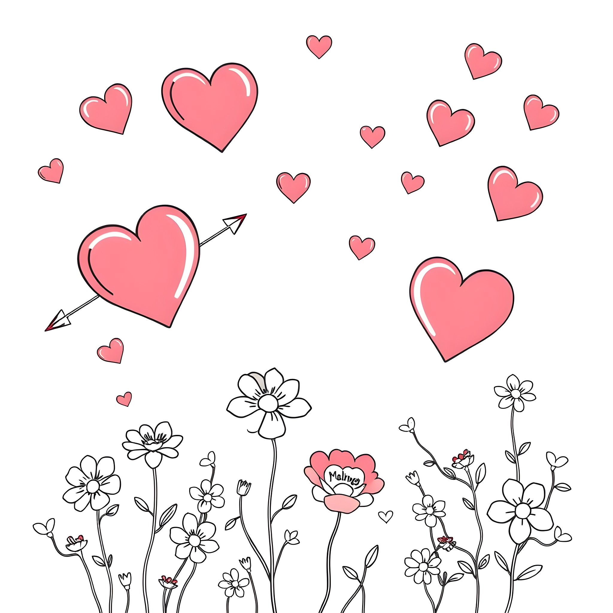 Valentine's Day hearts, flowers, and love Coloring Page (free black-and-white line drawing printable PDF for all, from beginners to advanced learners, including children, teens, adults, and seniors)