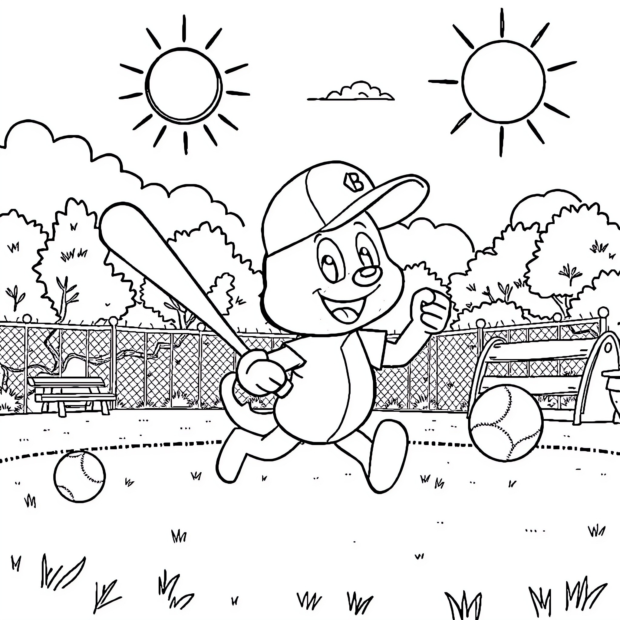 Bingo character enjoys playing baseball in park Coloring Page (free black-and-white line drawing printable PDF for all, from beginners to advanced learners, including children, teens, adults, and seniors)