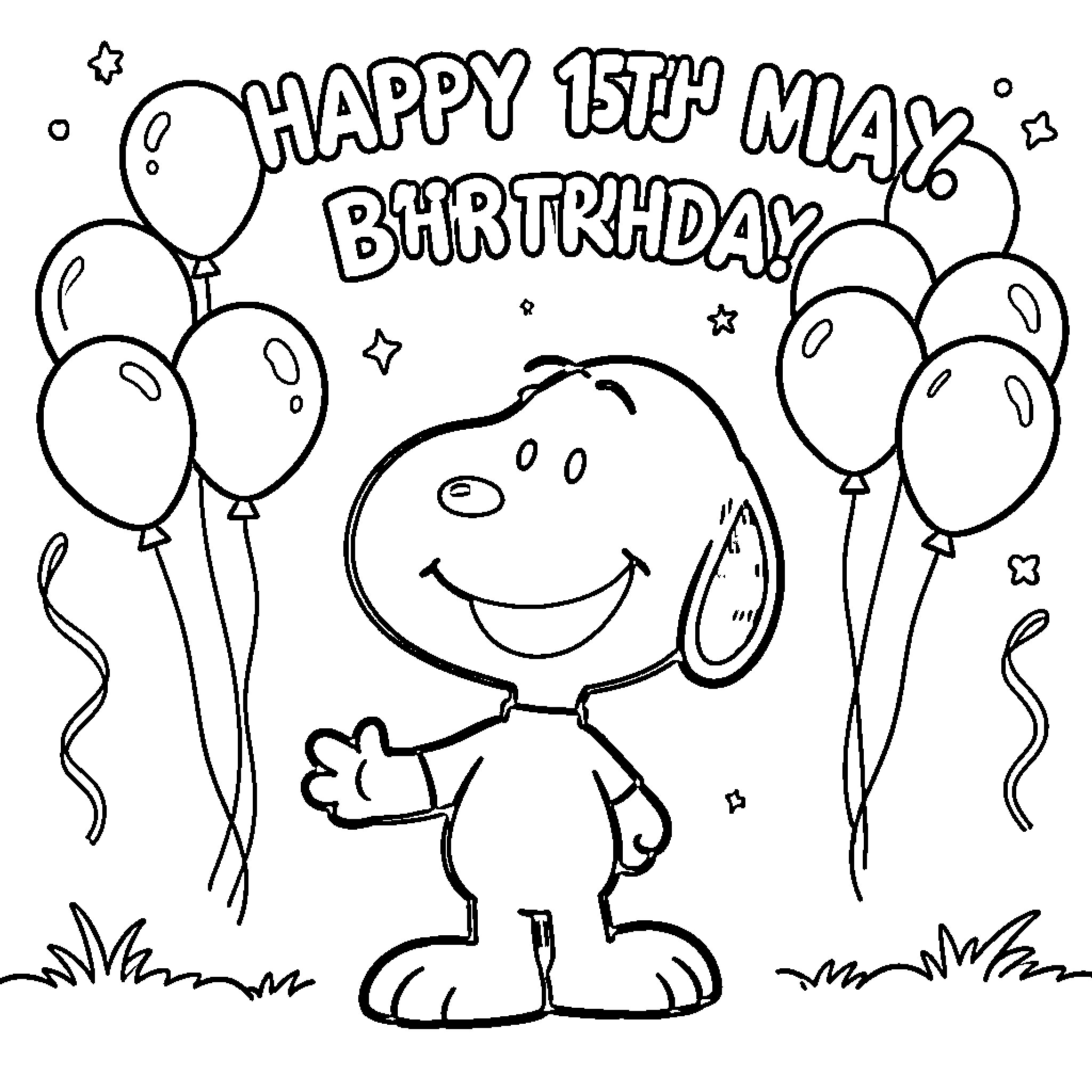 Snoopy celebrating his 15th birthday with balloons Coloring Page (free black-and-white line drawing printable PDF for all, from beginners to advanced learners, including children, teens, adults, and seniors)