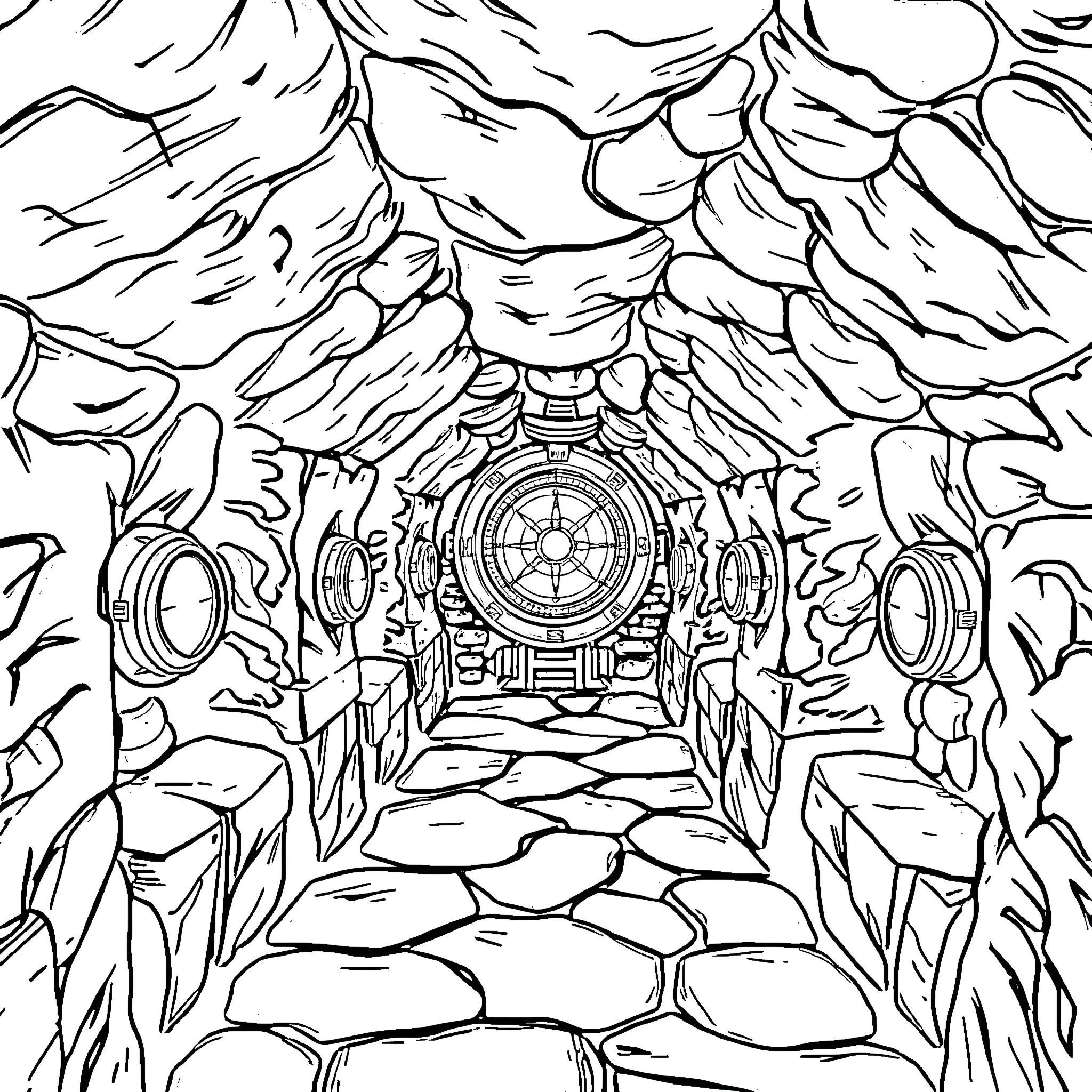 Catacomb Passage Exploration Coloring Page (free black-and-white line drawing printable PDF for all, from beginners to advanced learners, including children, teens, adults, and seniors)
