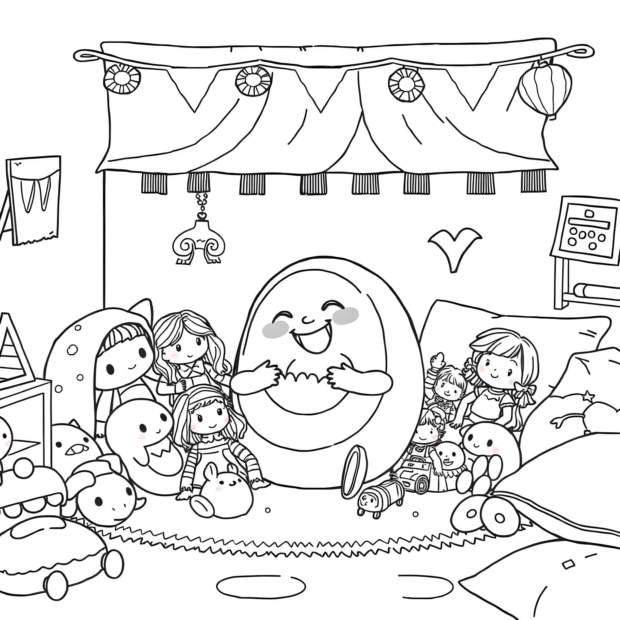 Cinnamon Roll Party with Cute Characters Coloring Page (free black-and-white line drawing printable PDF for all, from beginners to advanced learners, including children, teens, adults, and seniors)