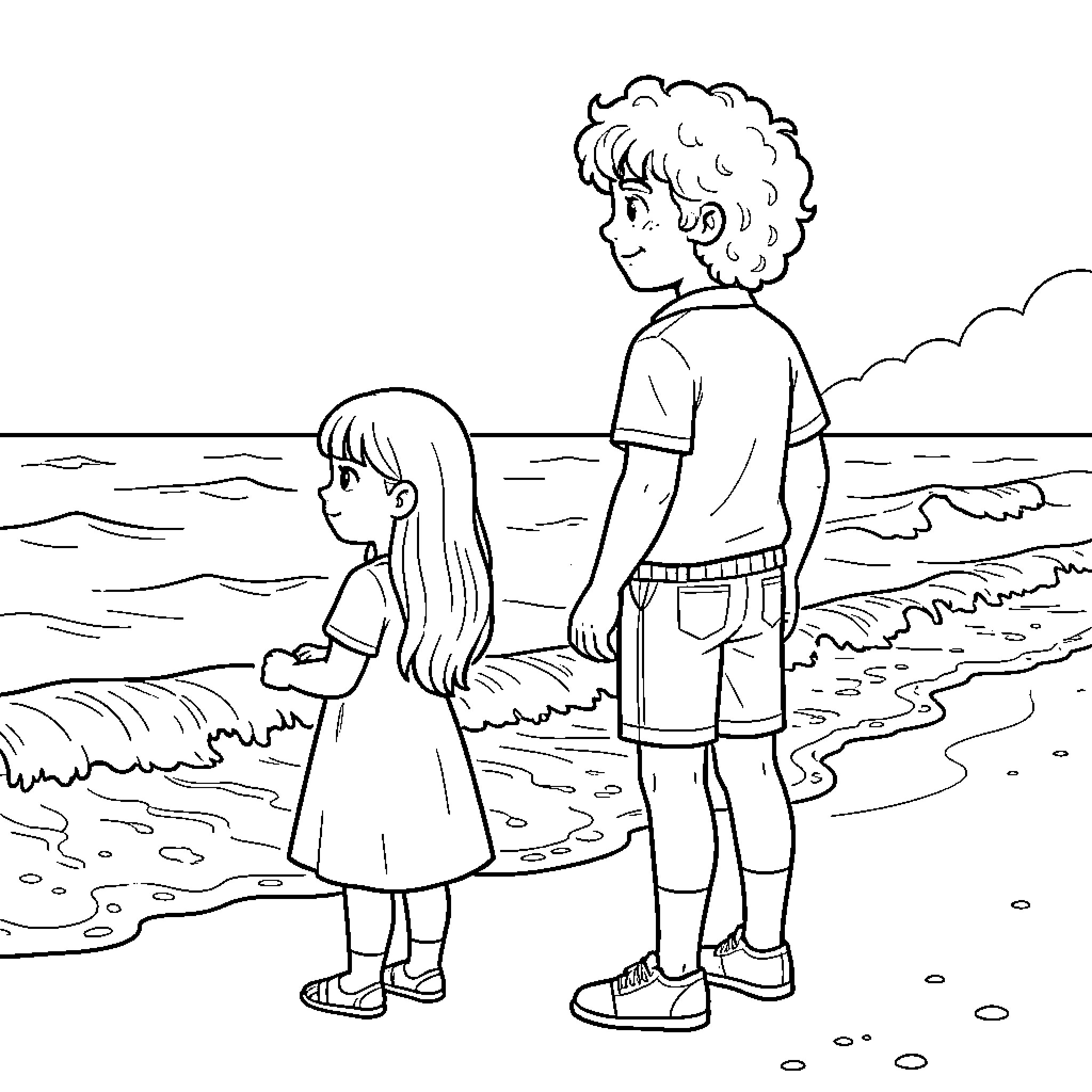Chico y Chica enjoying beach scenery Coloring Page (free black-and-white line drawing printable PDF for all, from beginners to advanced learners, including children, teens, adults, and seniors)