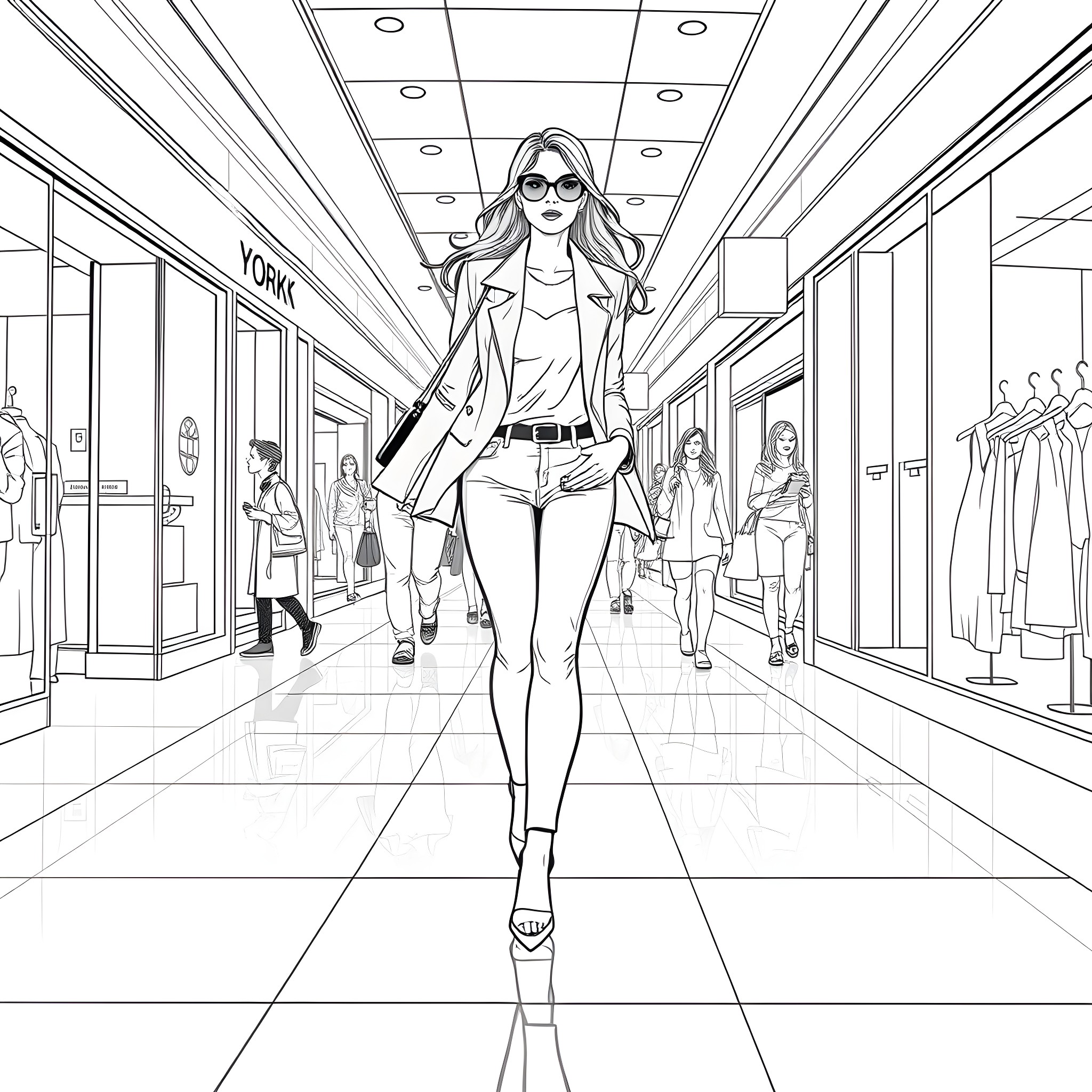 Yorker Woman Striding Through Retail Corridor Coloring Page (free black-and-white line drawing printable PDF for all, from beginners to advanced learners, including children, teens, adults, and seniors)