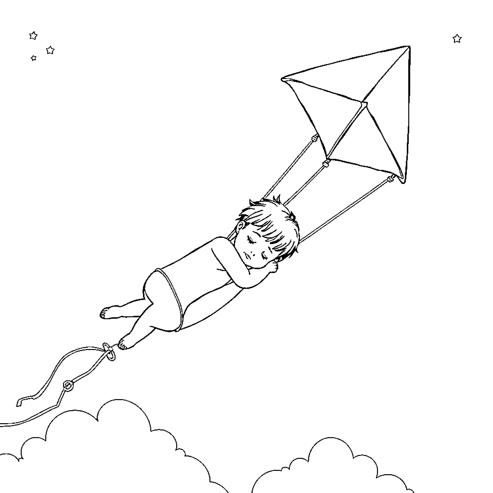 Boy flying high with kite on cloudy day Coloring Page (free black-and-white line drawing printable PDF for all, from beginners to advanced learners, including children, teens, adults, and seniors)