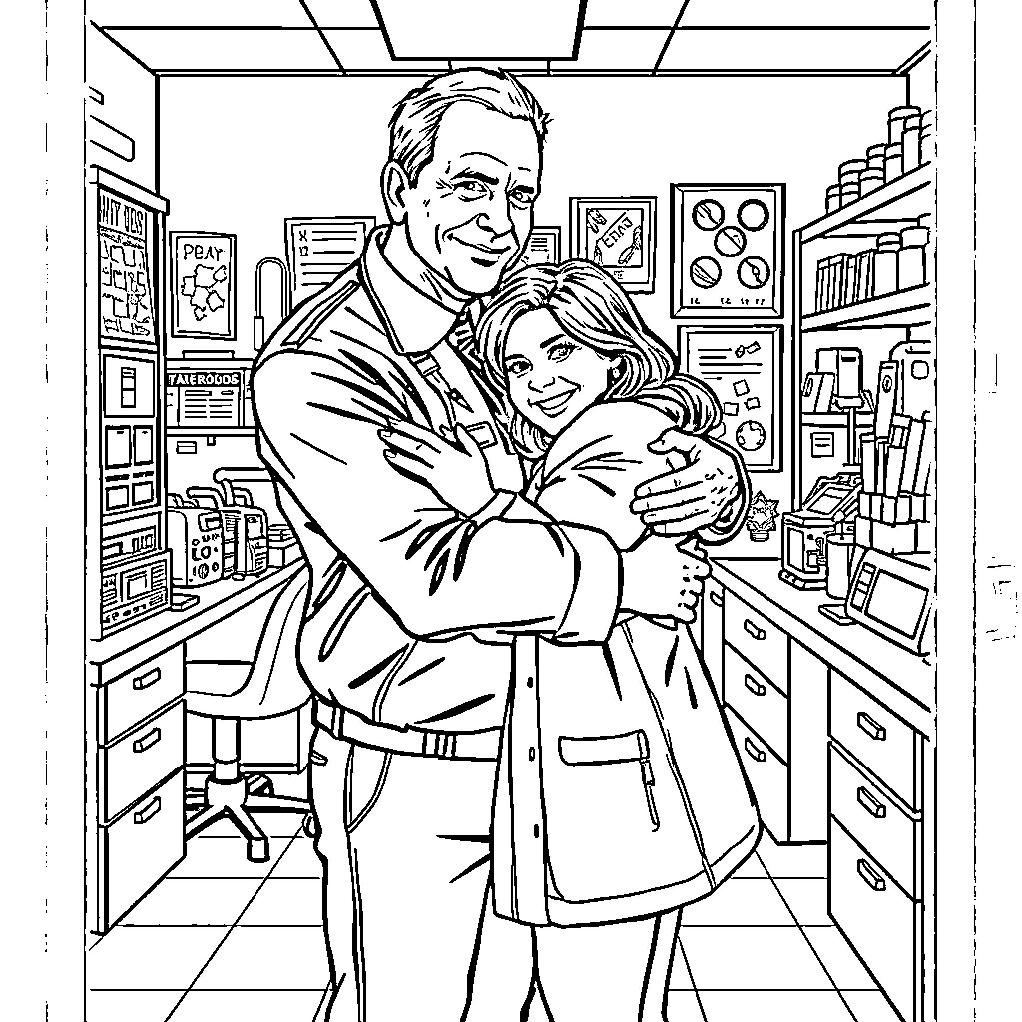 Gibbs Shares Tender Moment with Colleague in Office Coloring Page (free black-and-white line drawing printable PDF for all, from beginners to advanced learners, including children, teens, adults, and seniors)