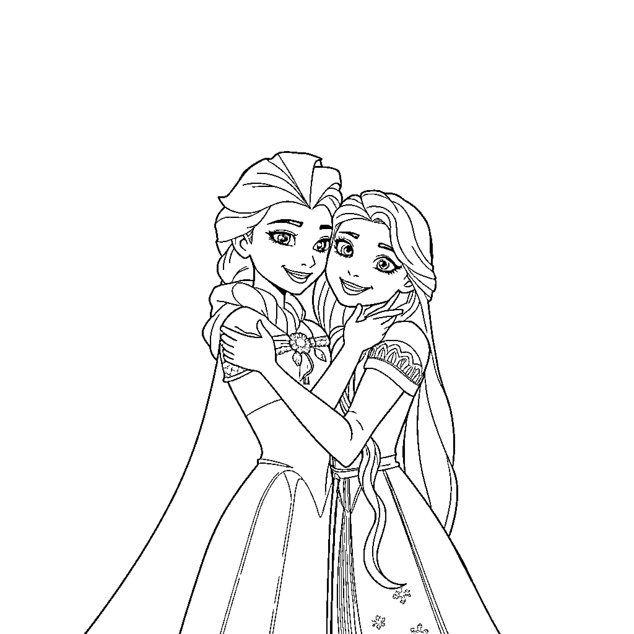 Elsa and Anna embrace in a warm hug Coloring Page (free black-and-white line drawing printable PDF for all, from beginners to advanced learners, including children, teens, adults, and seniors)