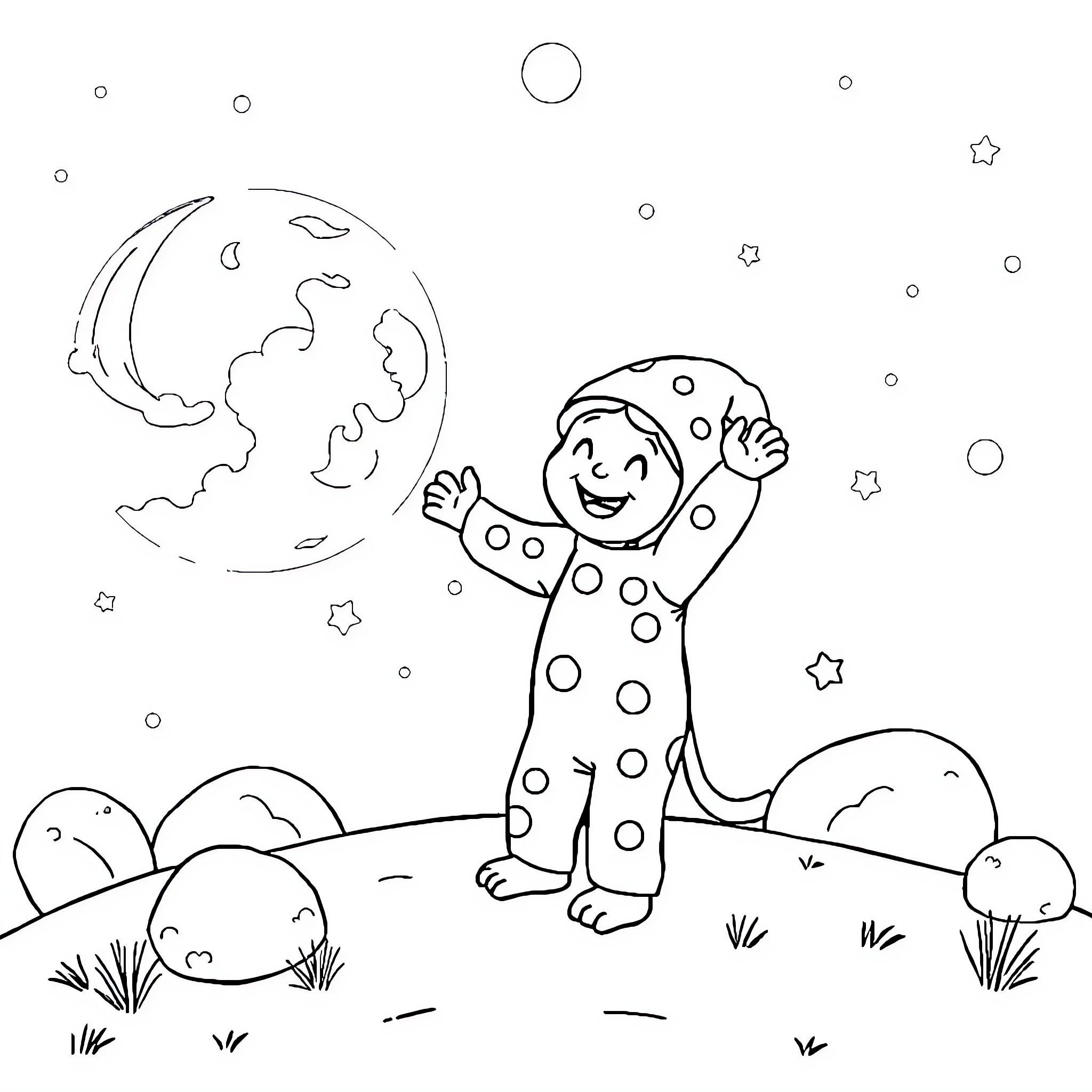 Pijamasque playing under the night sky Coloring Page (free black-and-white line drawing printable PDF for all, from beginners to advanced learners, including children, teens, adults, and seniors)