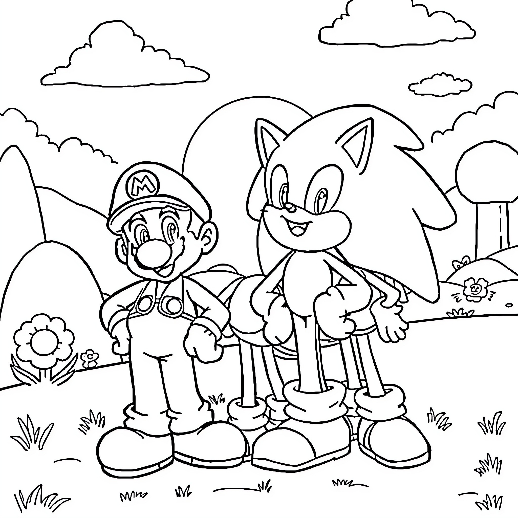 Mario and Sonic enjoying outdoor adventure Coloring Page (free black-and-white line drawing printable PDF for all, from beginners to advanced learners, including children, teens, adults, and seniors)