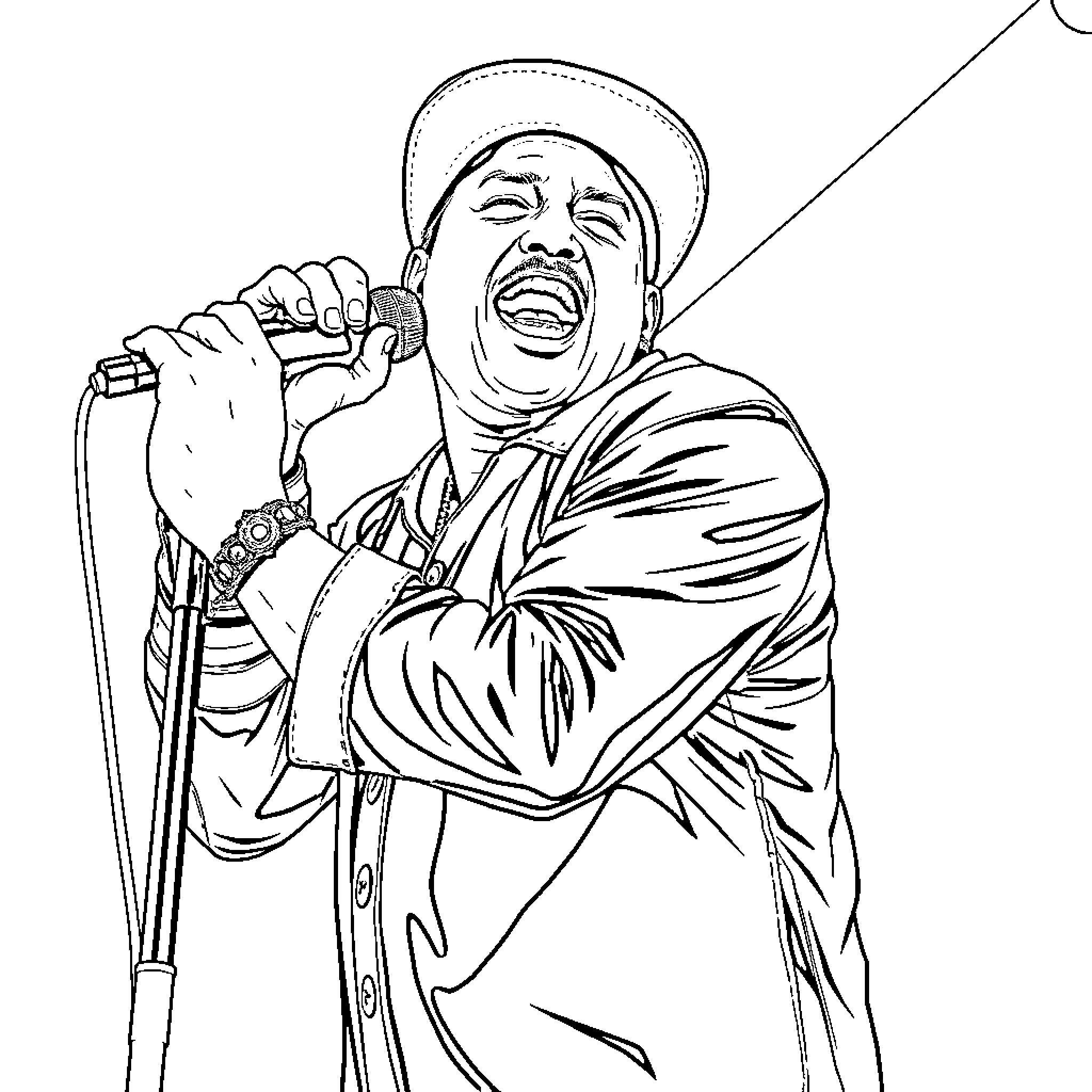 Daddy Yankee singing passionately on stage Coloring Page (free black-and-white line drawing printable PDF for all, from beginners to advanced learners, including children, teens, adults, and seniors)