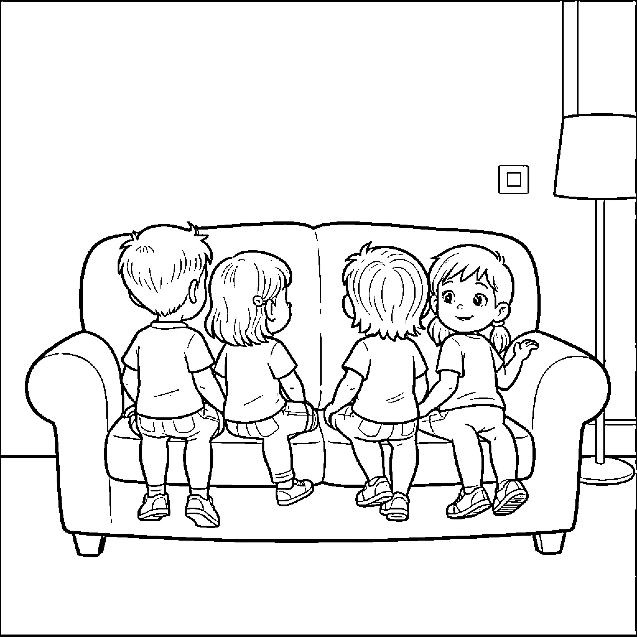 Niño and friends sitting together on a sofa Coloring Page (free black-and-white line drawing printable PDF for all, from beginners to advanced learners, including children, teens, adults, and seniors)