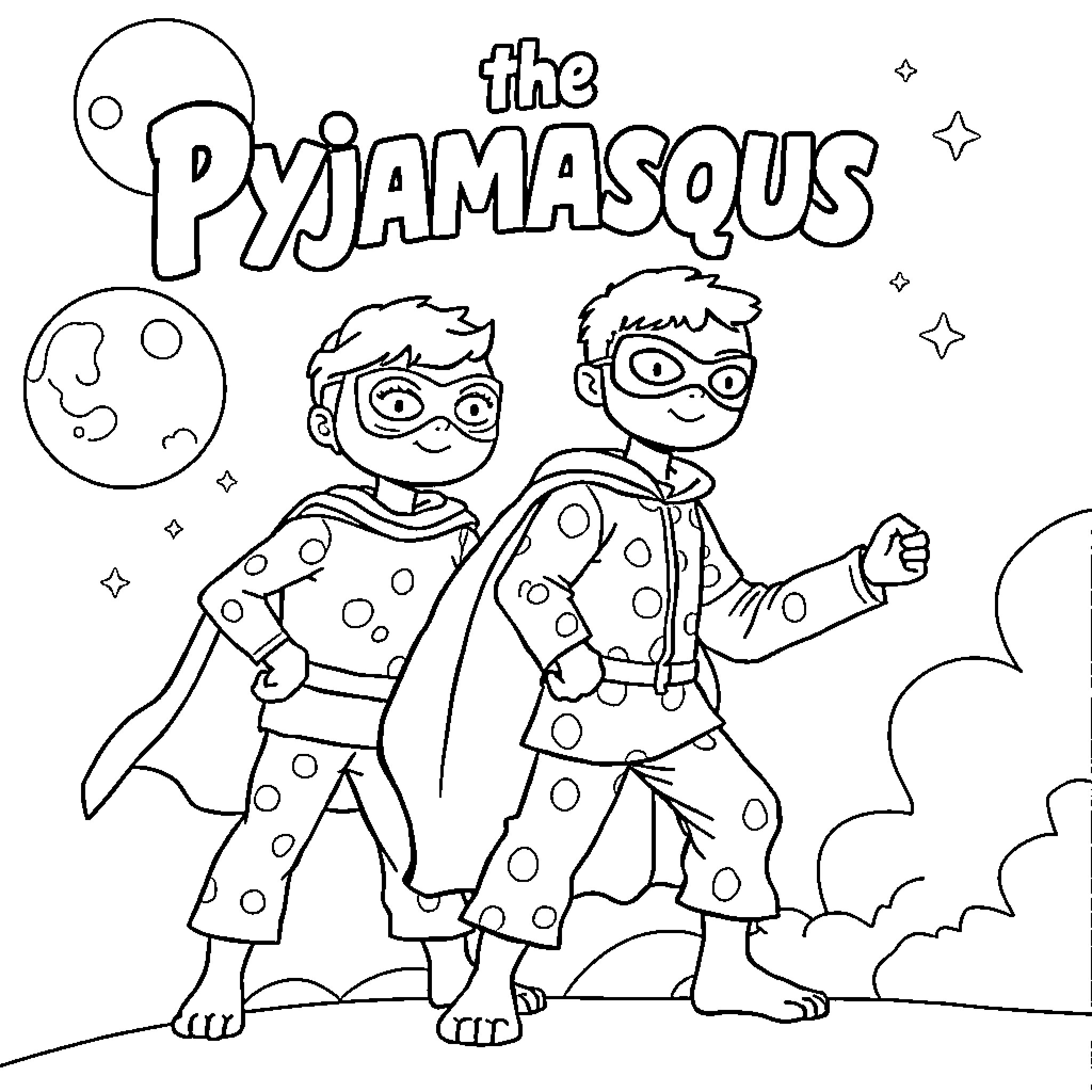 Pyjamasques superheroes in action adventure Coloring Page (free black-and-white line drawing printable PDF for all, from beginners to advanced learners, including children, teens, adults, and seniors)