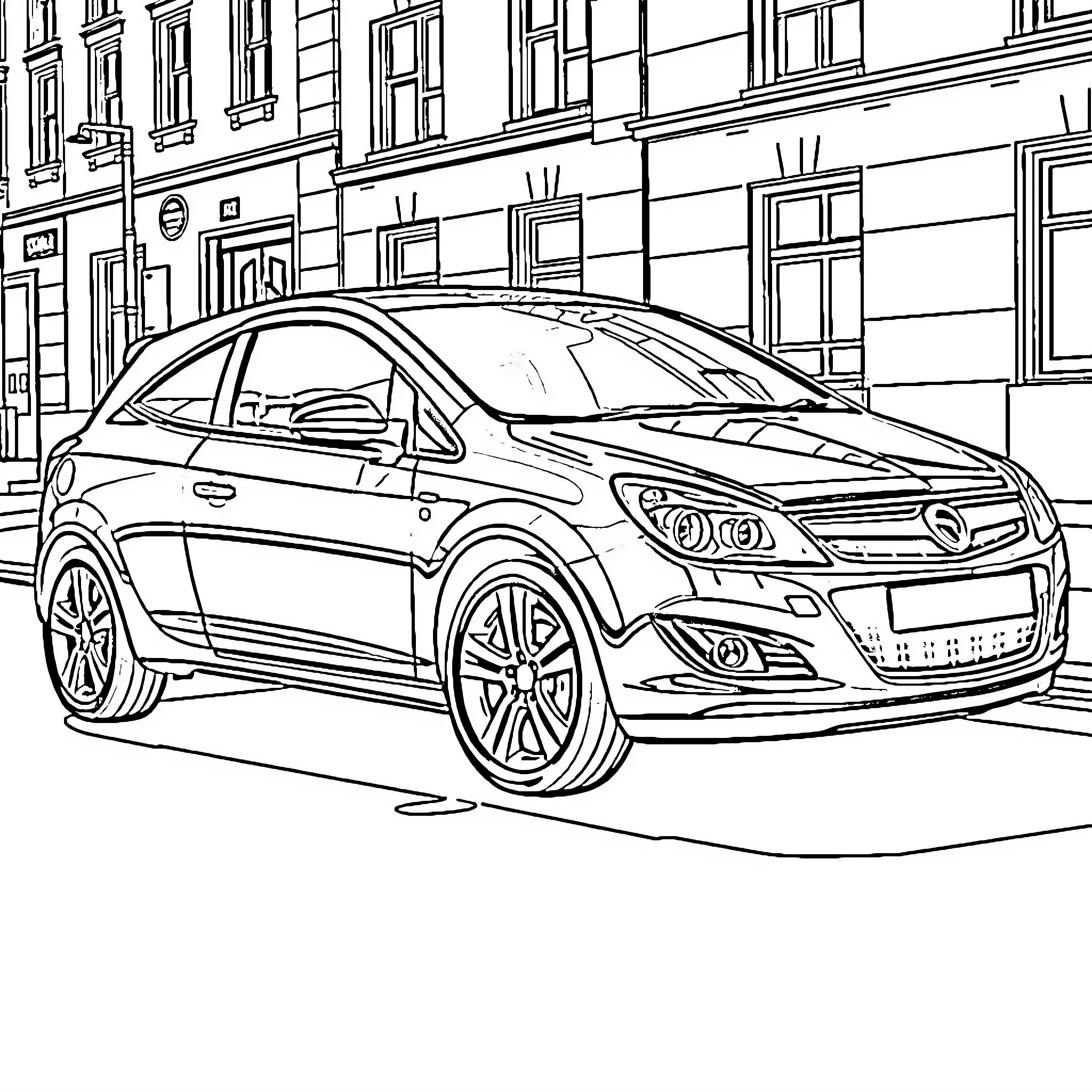 Vauxhall Astra parked on city street Coloring Page (free black-and-white line drawing printable PDF for all, from beginners to advanced learners, including children, teens, adults, and seniors)