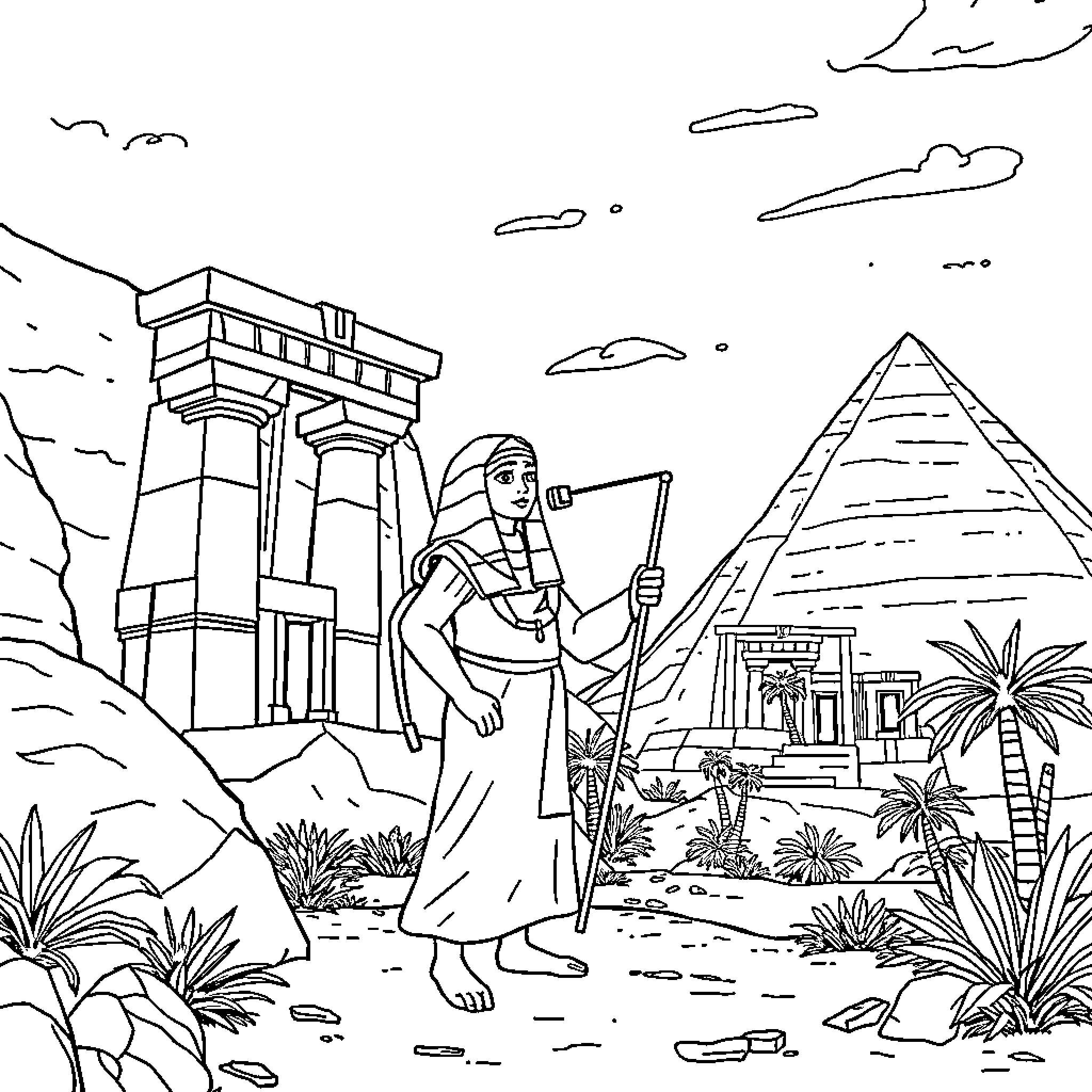 Labubu's Adventure in Ancient Egypt Coloring Page (free black-and-white line drawing printable PDF for all, from beginners to advanced learners, including children, teens, adults, and seniors)