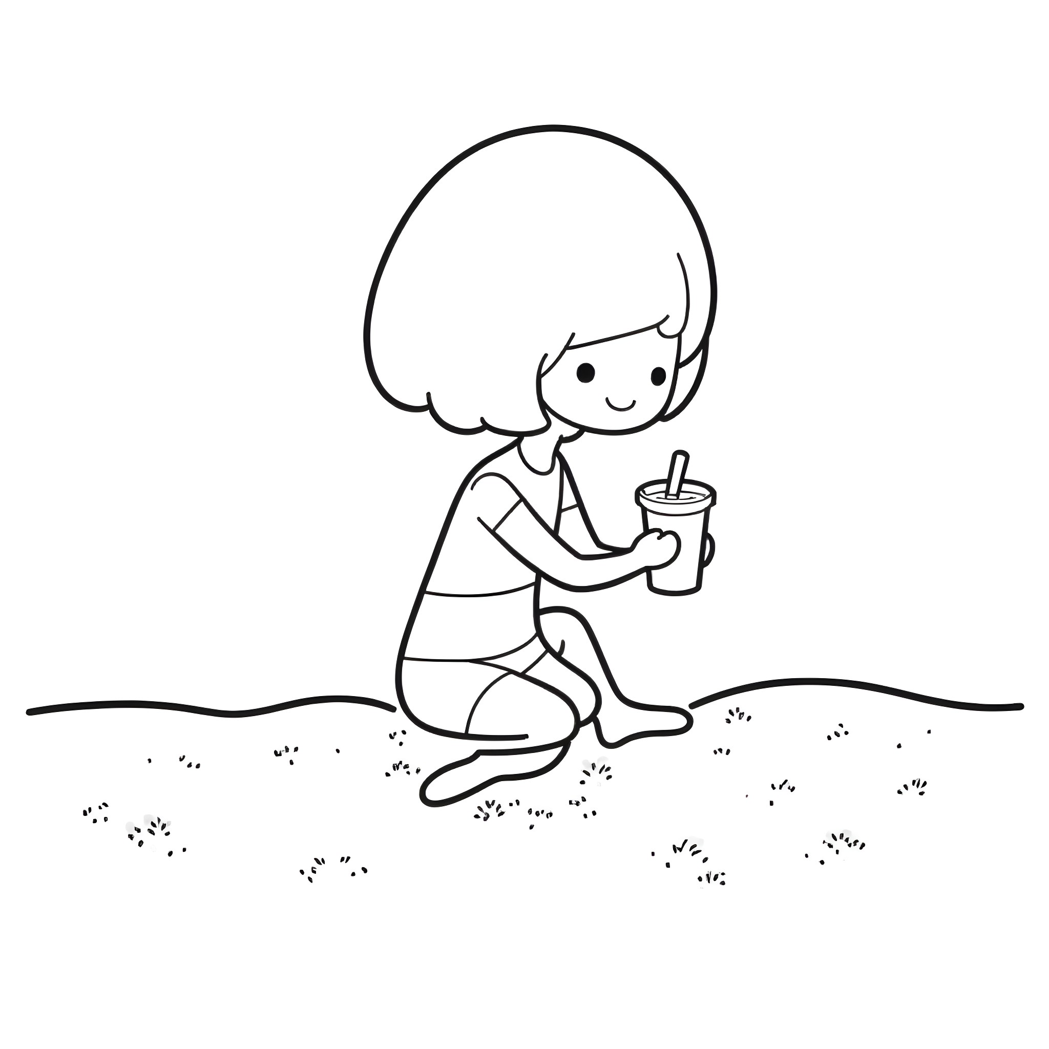 Person enjoying a refreshing drink outdoors Coloring Page (free black-and-white line drawing printable PDF for all, from beginners to advanced learners, including children, teens, adults, and seniors)