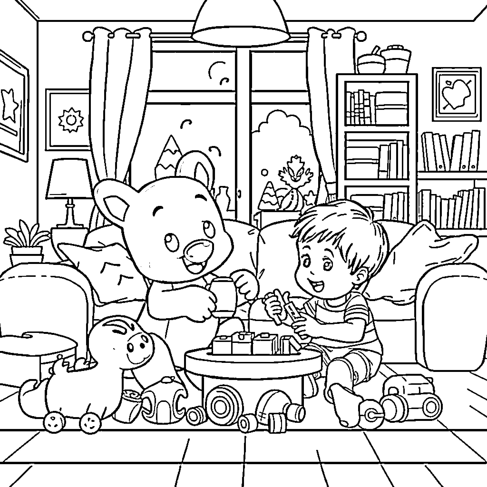 Bluey playing with toys in the living room Coloring Page (free black-and-white line drawing printable PDF for all, from beginners to advanced learners, including children, teens, adults, and seniors)