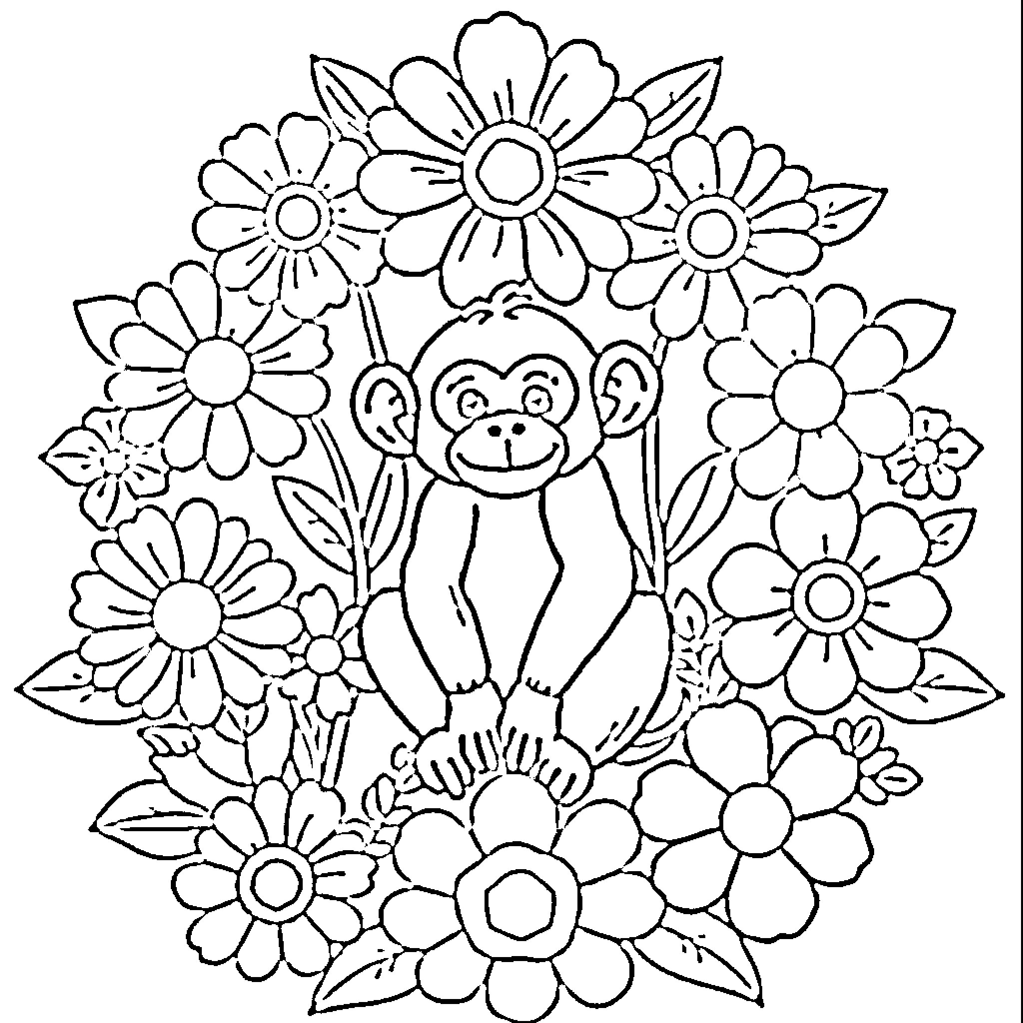 Monkey among colorful floral illustrations Coloring Page (free black-and-white line drawing printable PDF for all, from beginners to advanced learners, including children, teens, adults, and seniors)
