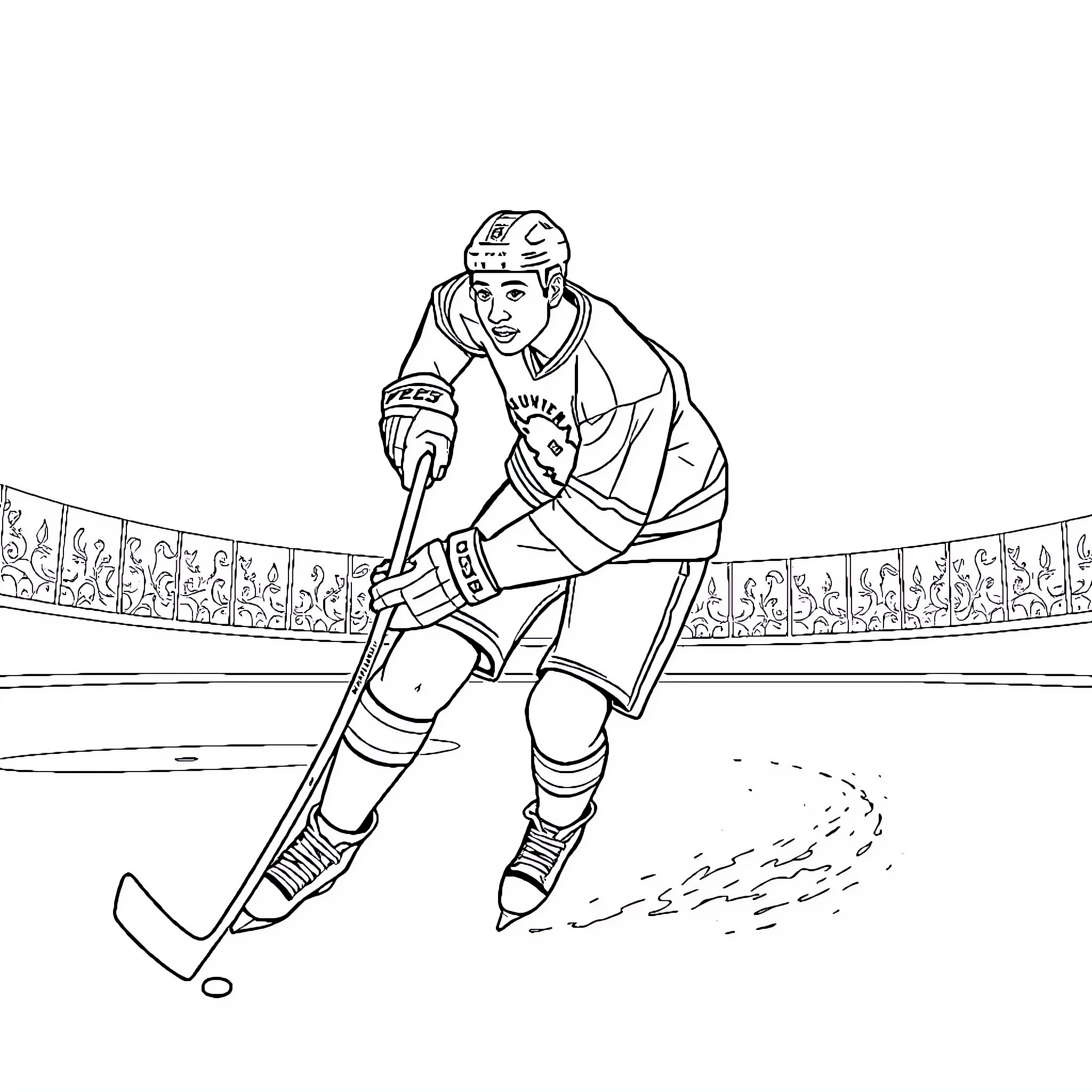 Youssou Ndour playing hockey on the ice rink Coloring Page (free black-and-white line drawing printable PDF for all, from beginners to advanced learners, including children, teens, adults, and seniors)