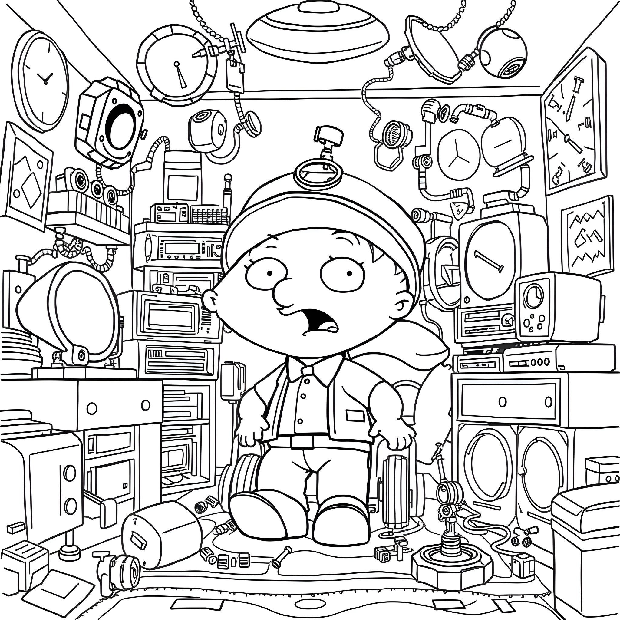 Stewie Griffin surrounded by various gadgets and electronics Coloring Page (free black-and-white line drawing printable PDF for all, from beginners to advanced learners, including children, teens, adults, and seniors)