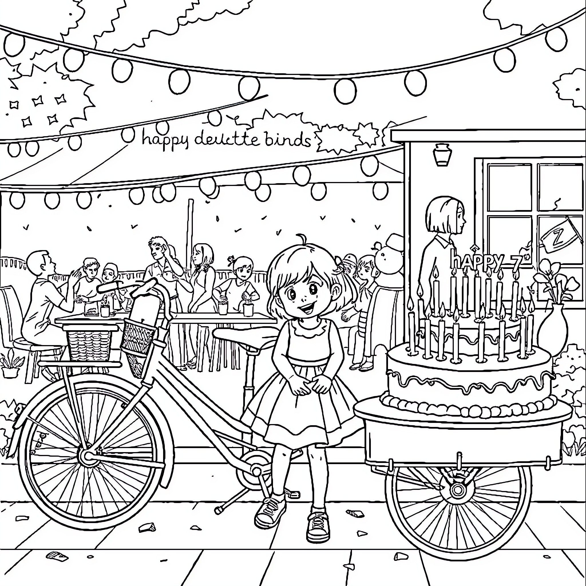 Child celebrating birthday party with family and friends Coloring Page (free black-and-white line drawing printable PDF for all, from beginners to advanced learners, including children, teens, adults, and seniors)