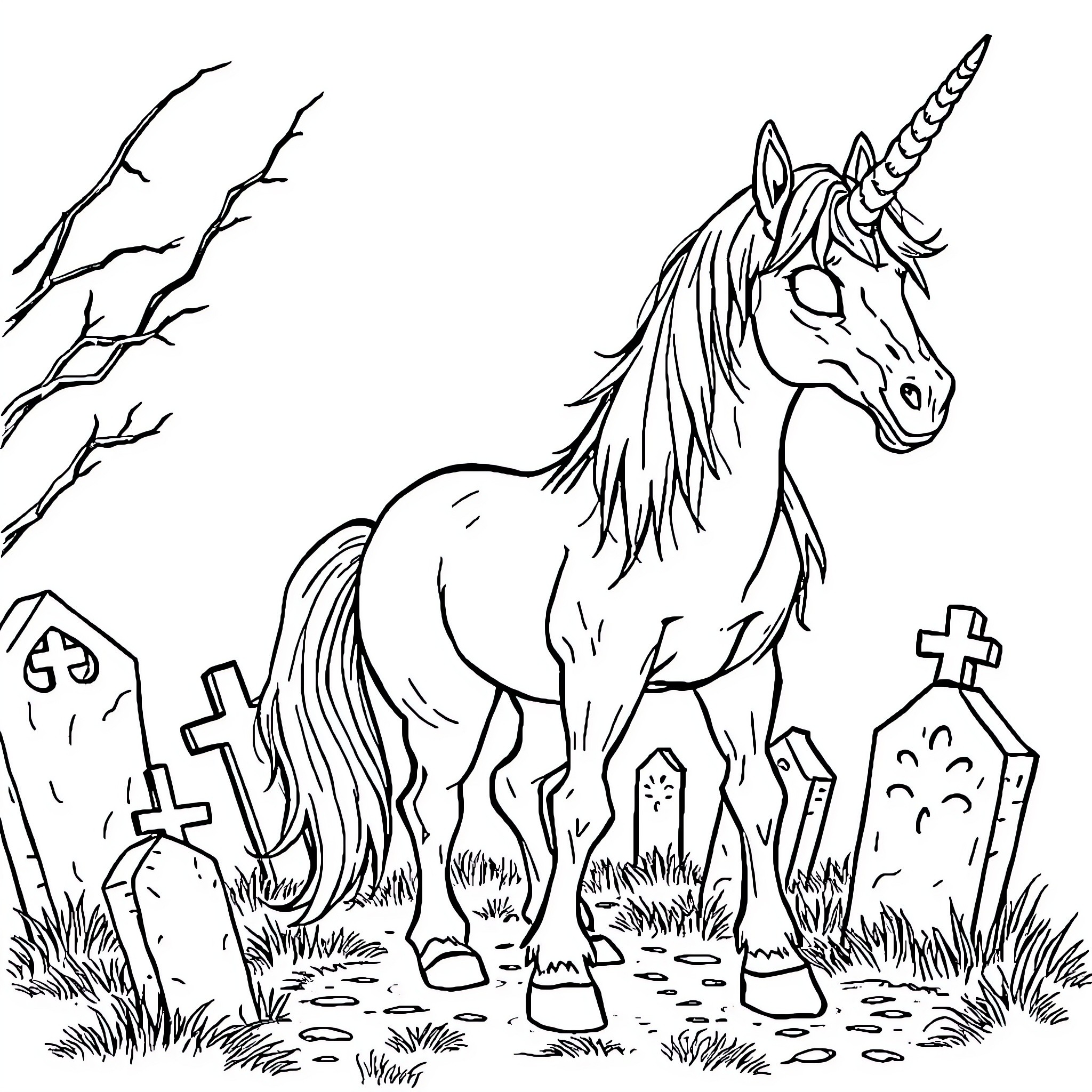 Zombie Unicorn in a Spooky Graveyard Coloring Page (free black-and-white line drawing printable PDF for all, from beginners to advanced learners, including children, teens, adults, and seniors)