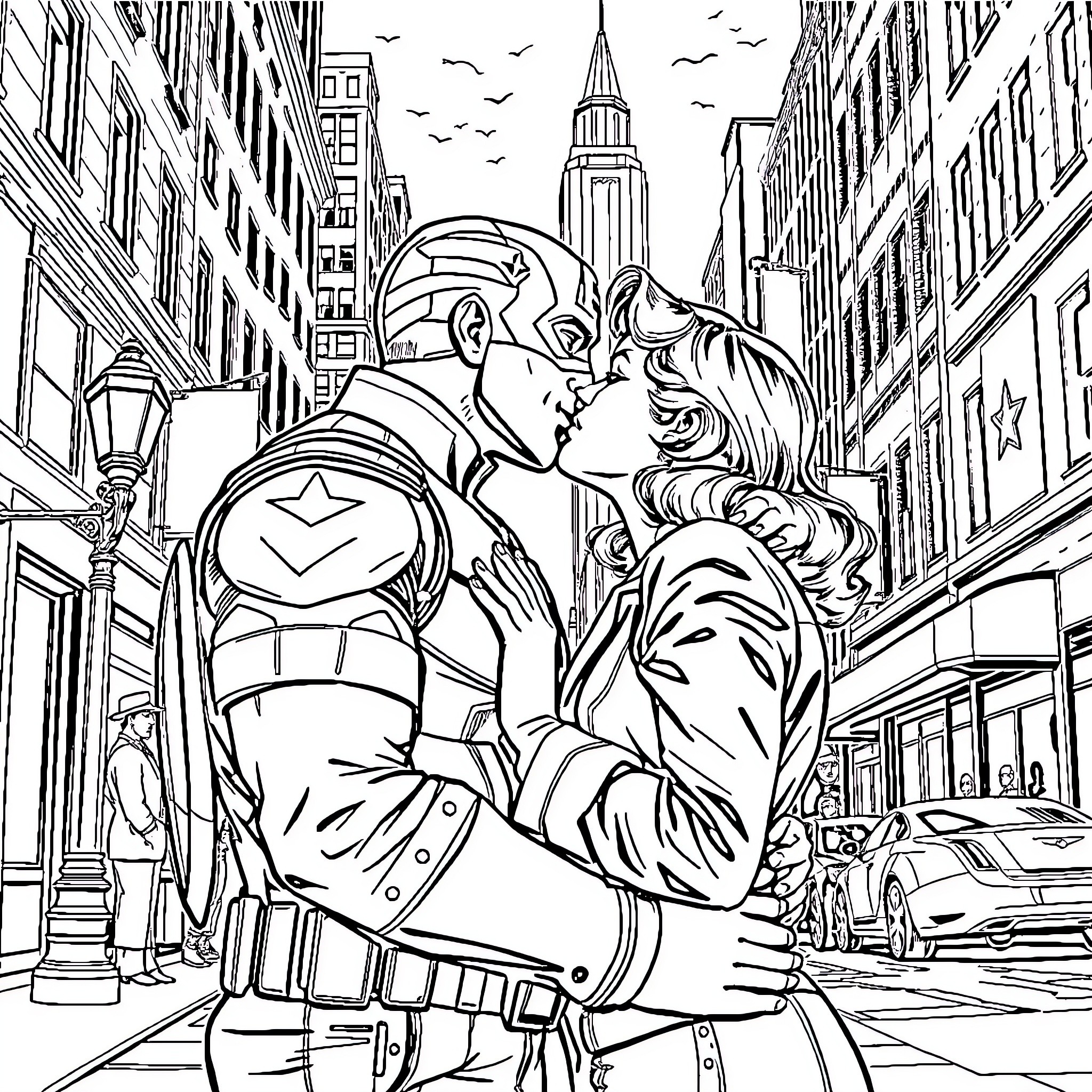 Captain America Kissing a Woman in New York City Coloring Page (free black-and-white line drawing printable PDF for all, from beginners to advanced learners, including children, teens, adults, and seniors)