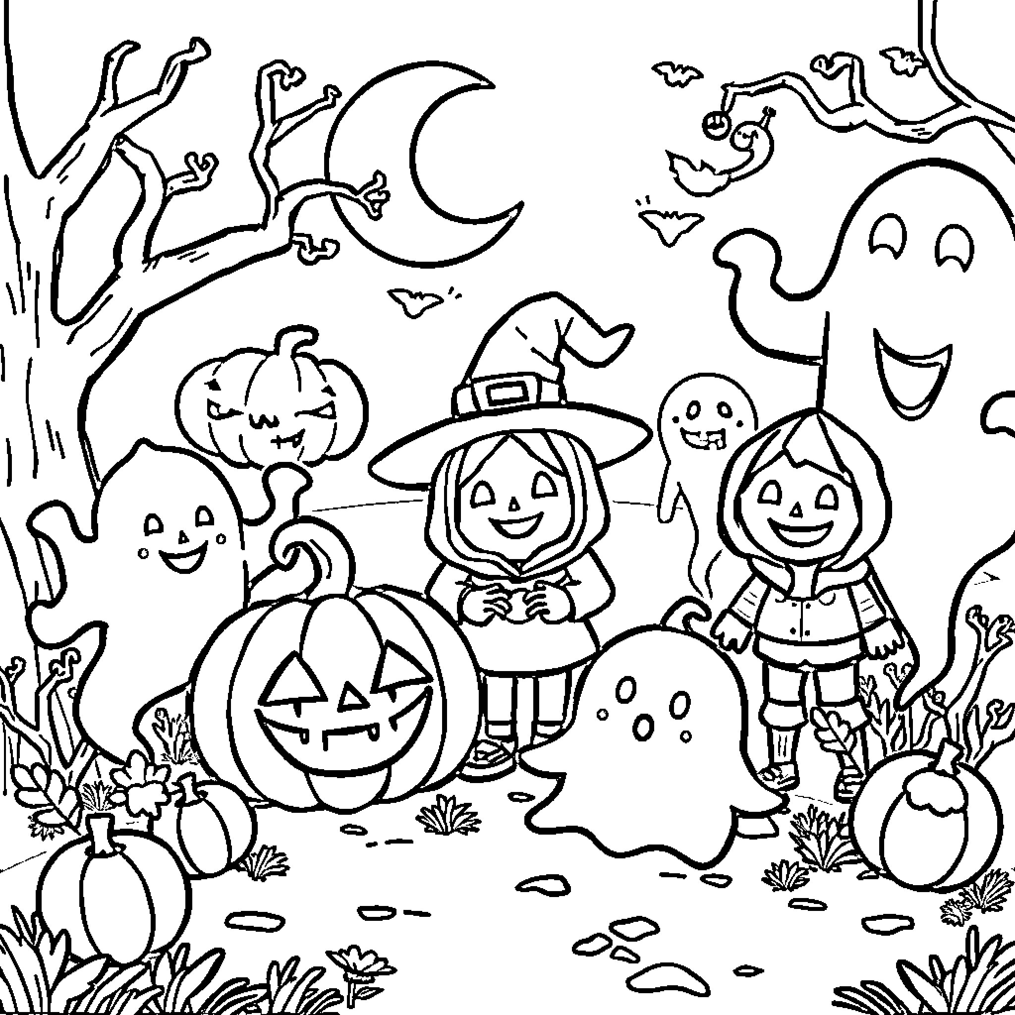 Halloween fun with costumed characters Coloring Page (free black-and-white line drawing printable PDF for all, from beginners to advanced learners, including children, teens, adults, and seniors)