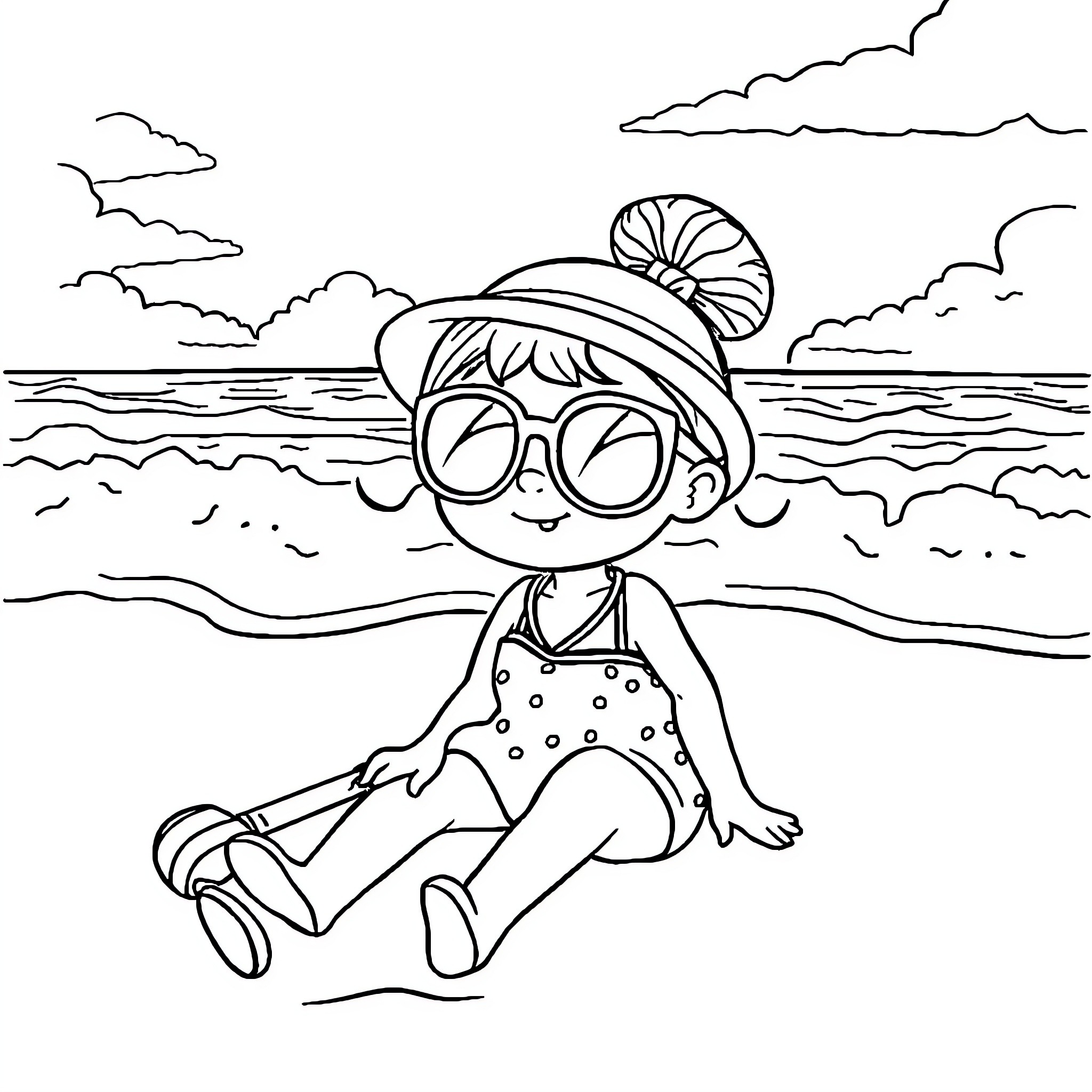 Mini Beach Fun with Waves and Clouds Coloring Page (free black-and-white line drawing printable PDF for all, from beginners to advanced learners, including children, teens, adults, and seniors)