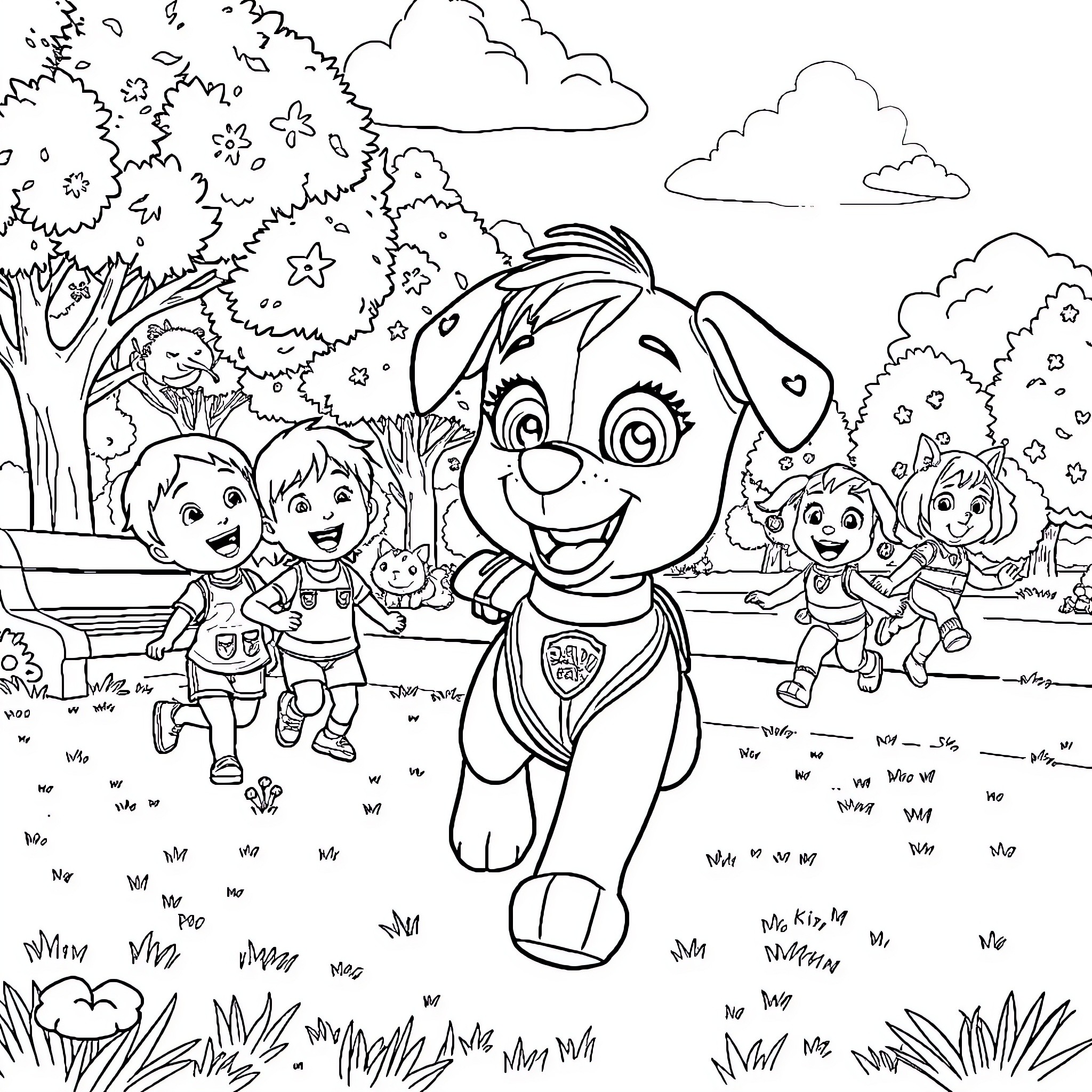 Skye and the Paw Patrol team explore the forest Coloring Page (free black-and-white line drawing printable PDF for all, from beginners to advanced learners, including children, teens, adults, and seniors)