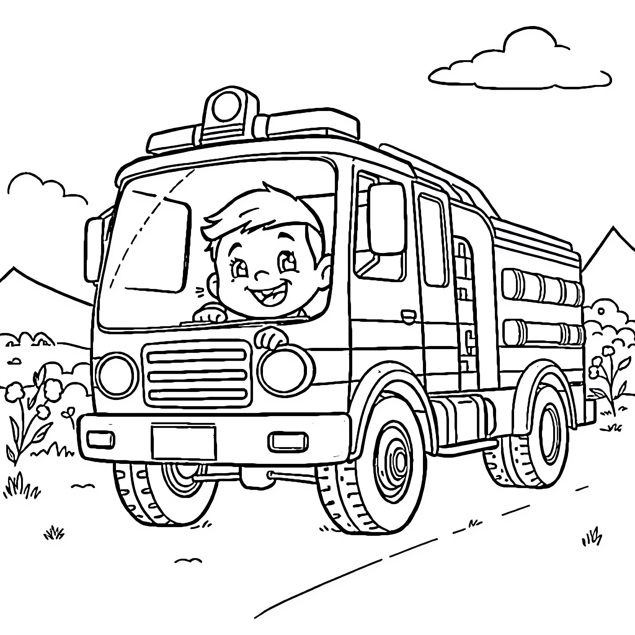 Fire Truck speeding through the countryside Coloring Page (free black-and-white line drawing printable PDF for all, from beginners to advanced learners, including children, teens, adults, and seniors)