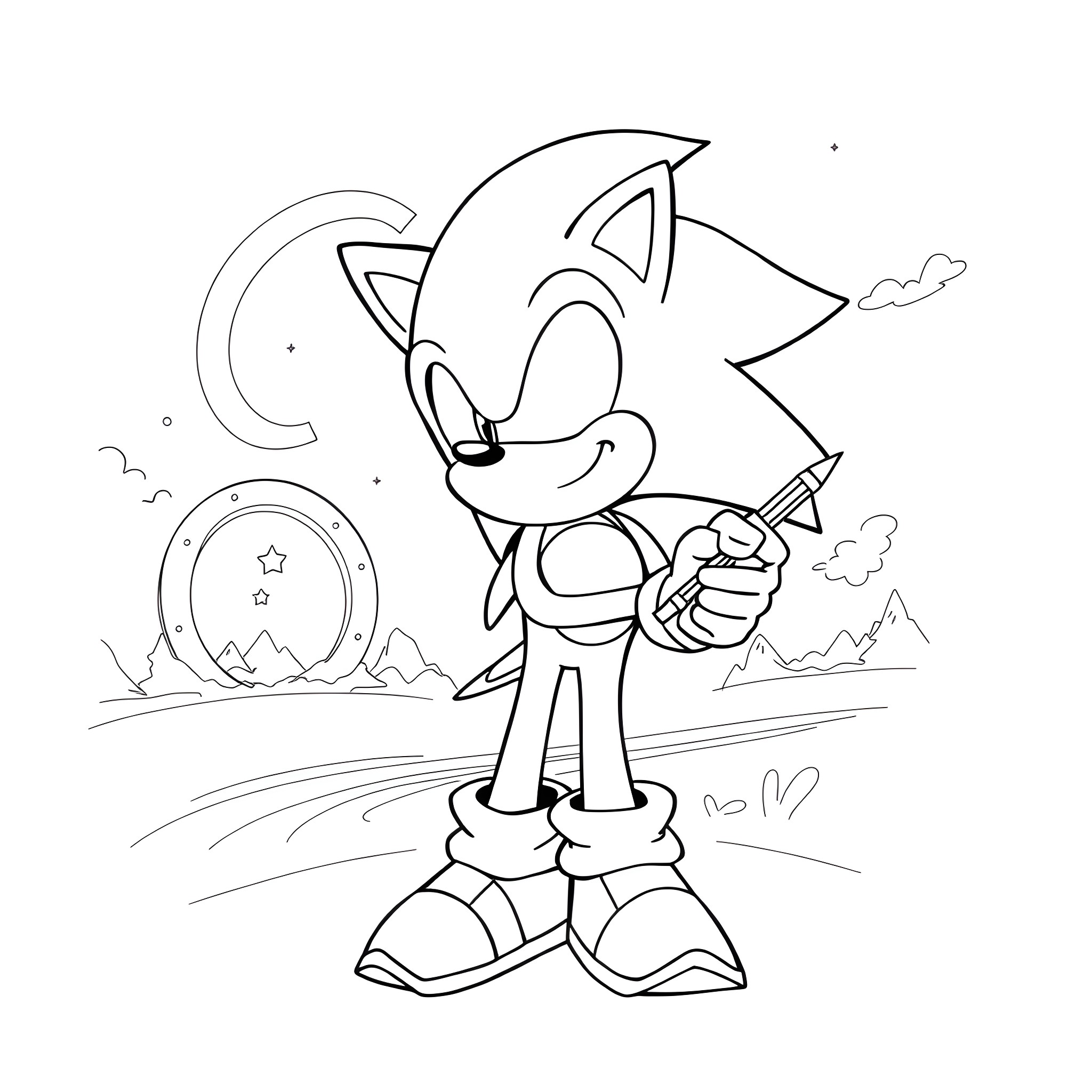 Sonic on an adventure with his speed Coloring Page (free black-and-white line drawing printable PDF for all, from beginners to advanced learners, including children, teens, adults, and seniors)