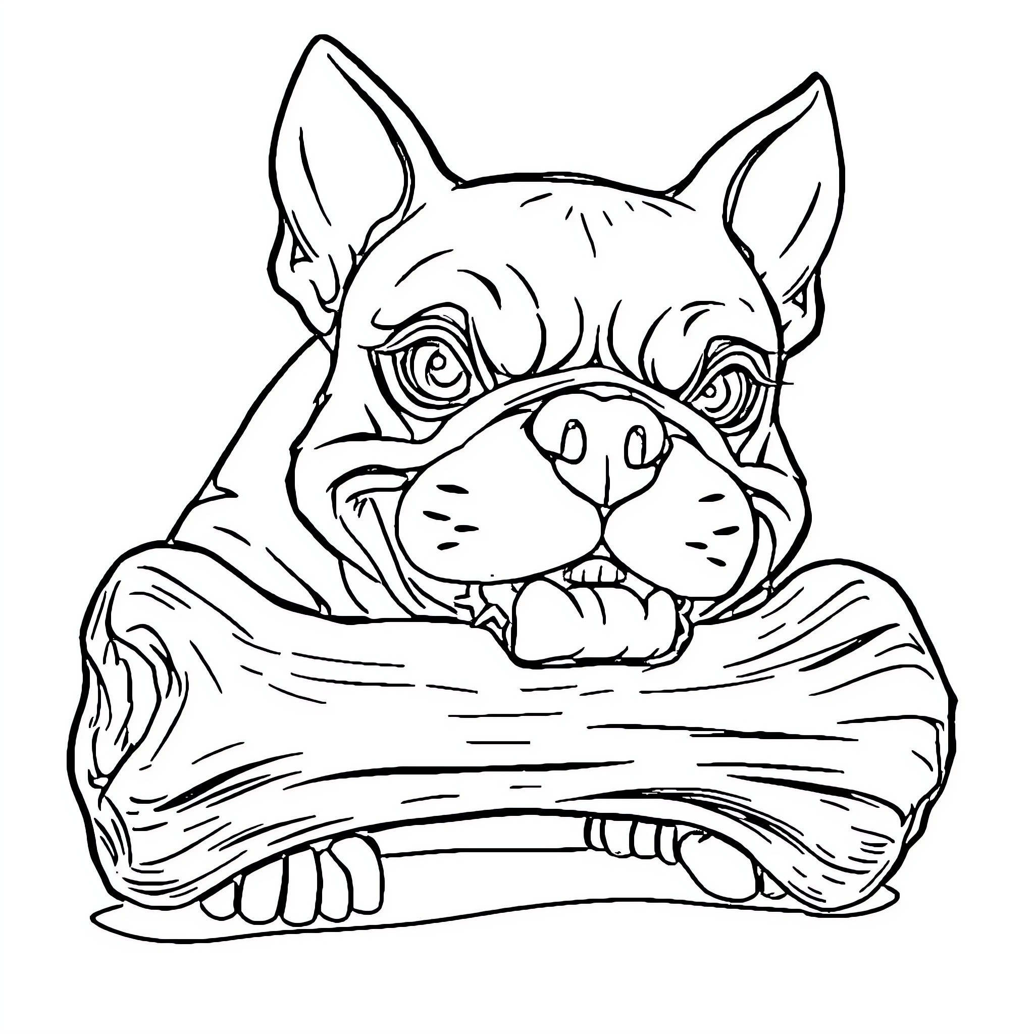 Micro Bully playing with a large bone Coloring Page (free black-and-white line drawing printable PDF for all, from beginners to advanced learners, including children, teens, adults, and seniors)