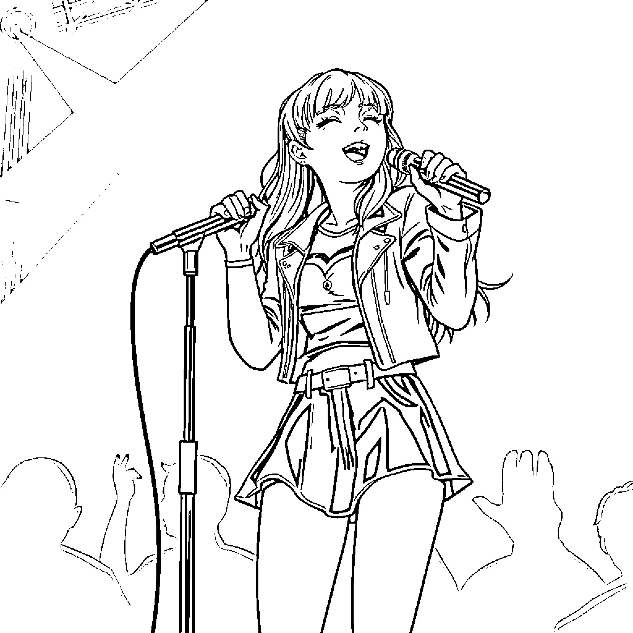 Singer performing energetically on stage Coloring Page (free black-and-white line drawing printable PDF for all, from beginners to advanced learners, including children, teens, adults, and seniors)