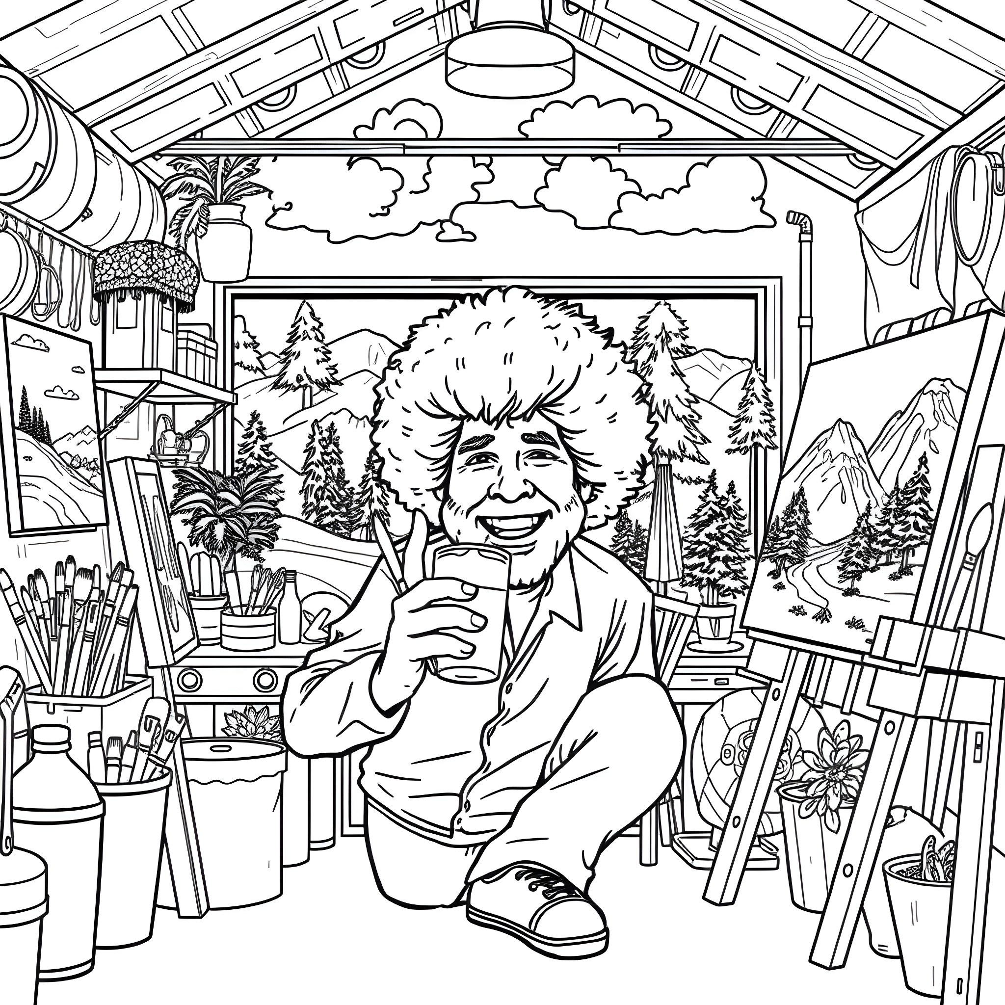 Bob Ross painting in his cozy studio Coloring Page (free black-and-white line drawing printable PDF for all, from beginners to advanced learners, including children, teens, adults, and seniors)