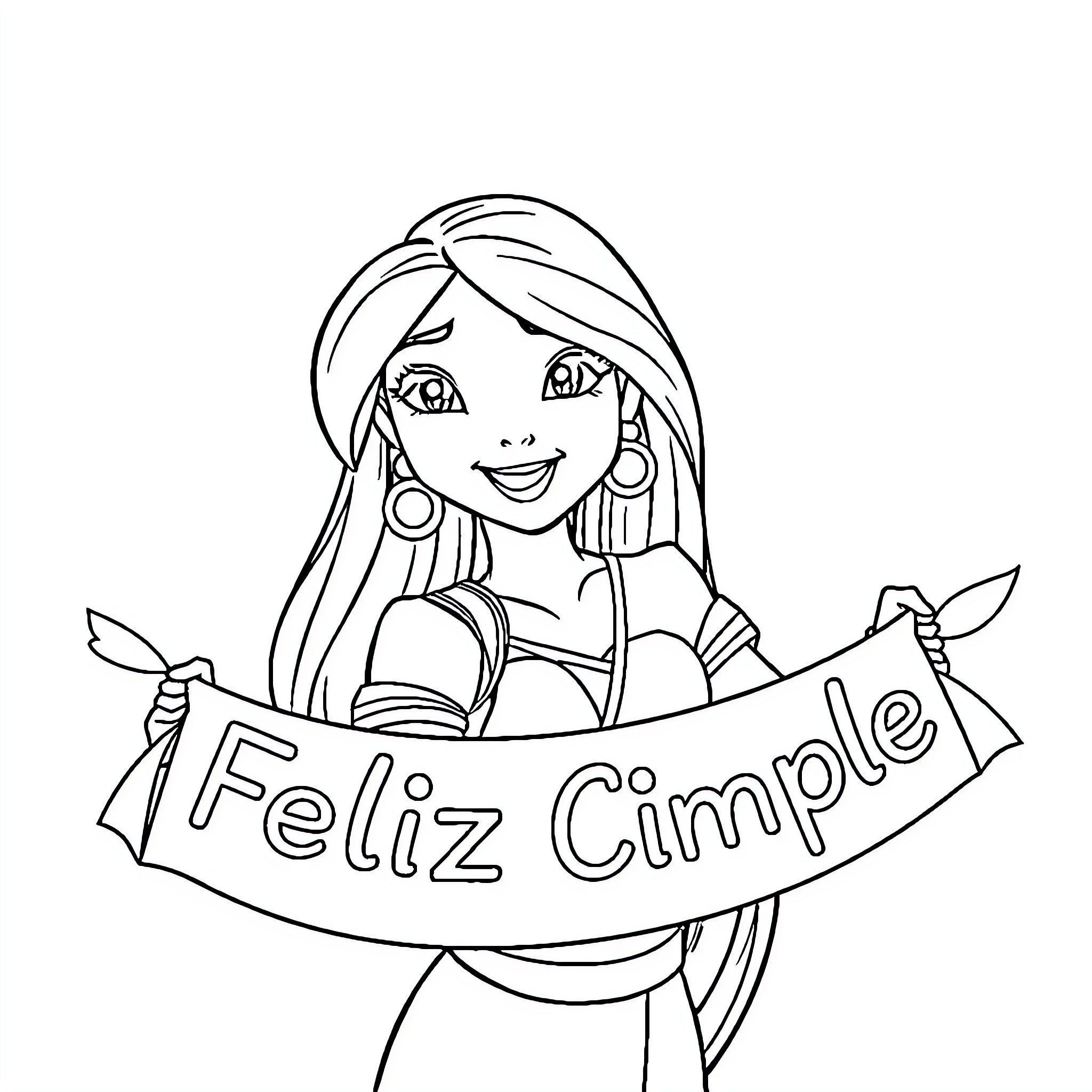 Mulan joyfully holding 'Feliz Cumple' banner Coloring Page (free black-and-white line drawing printable PDF for all, from beginners to advanced learners, including children, teens, adults, and seniors)