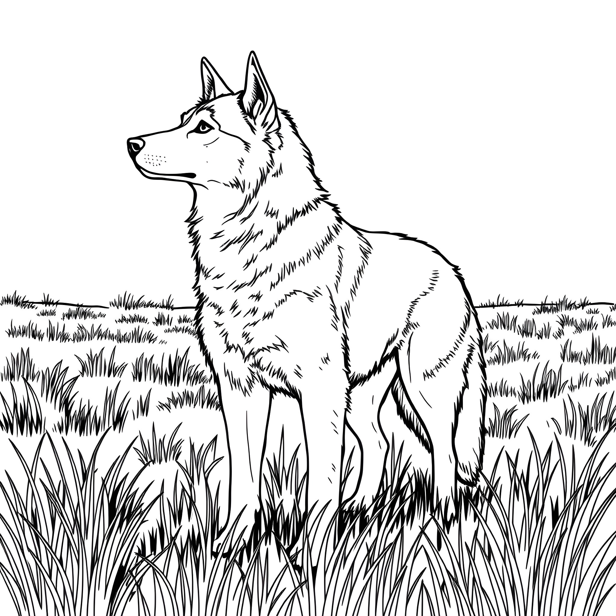 Husky standing proudly in the meadow Coloring Page (free black-and-white line drawing printable PDF for all, from beginners to advanced learners, including children, teens, adults, and seniors)