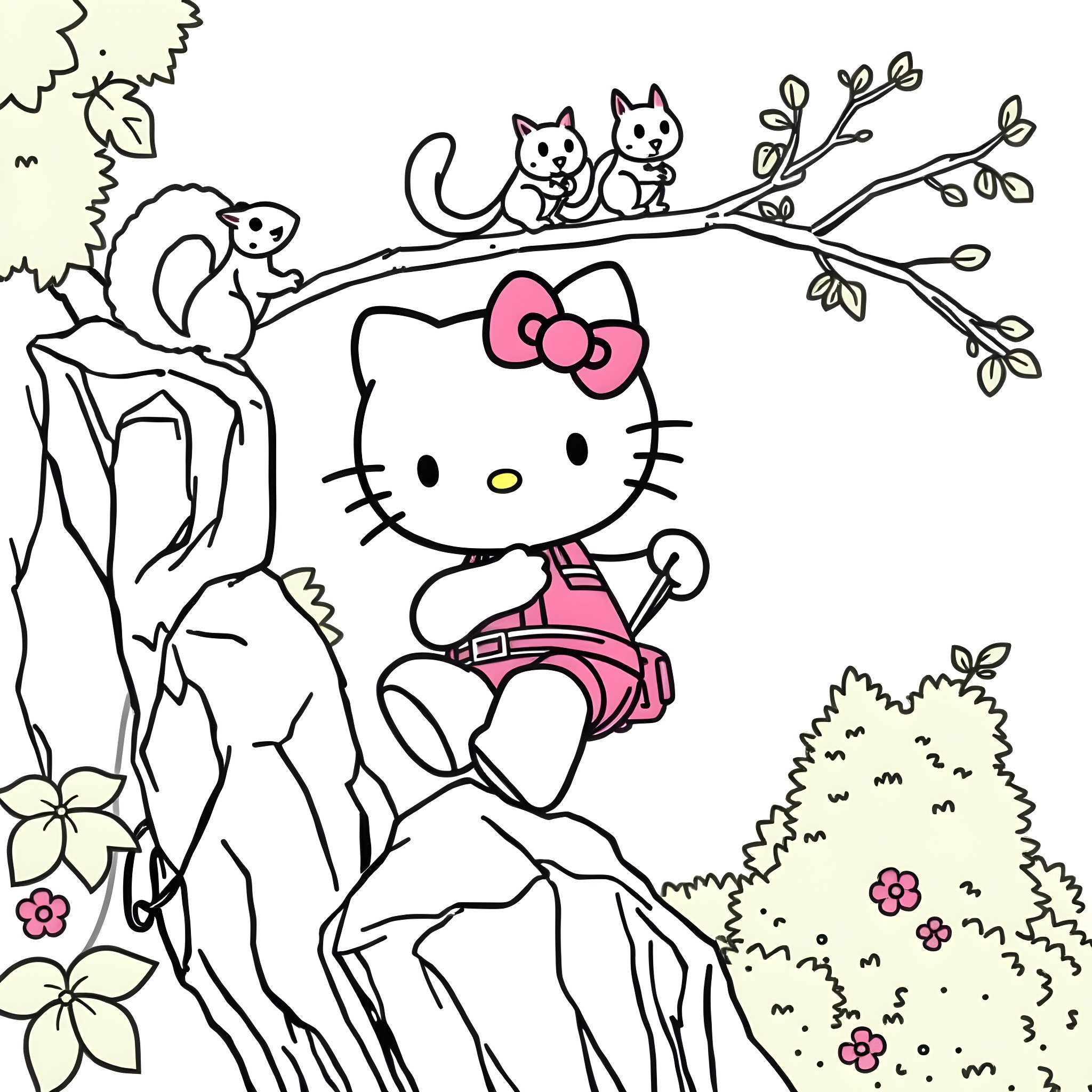 Hello Kitty exploring the nature with squirrels Coloring Page (free black-and-white line drawing printable PDF for all, from beginners to advanced learners, including children, teens, adults, and seniors)