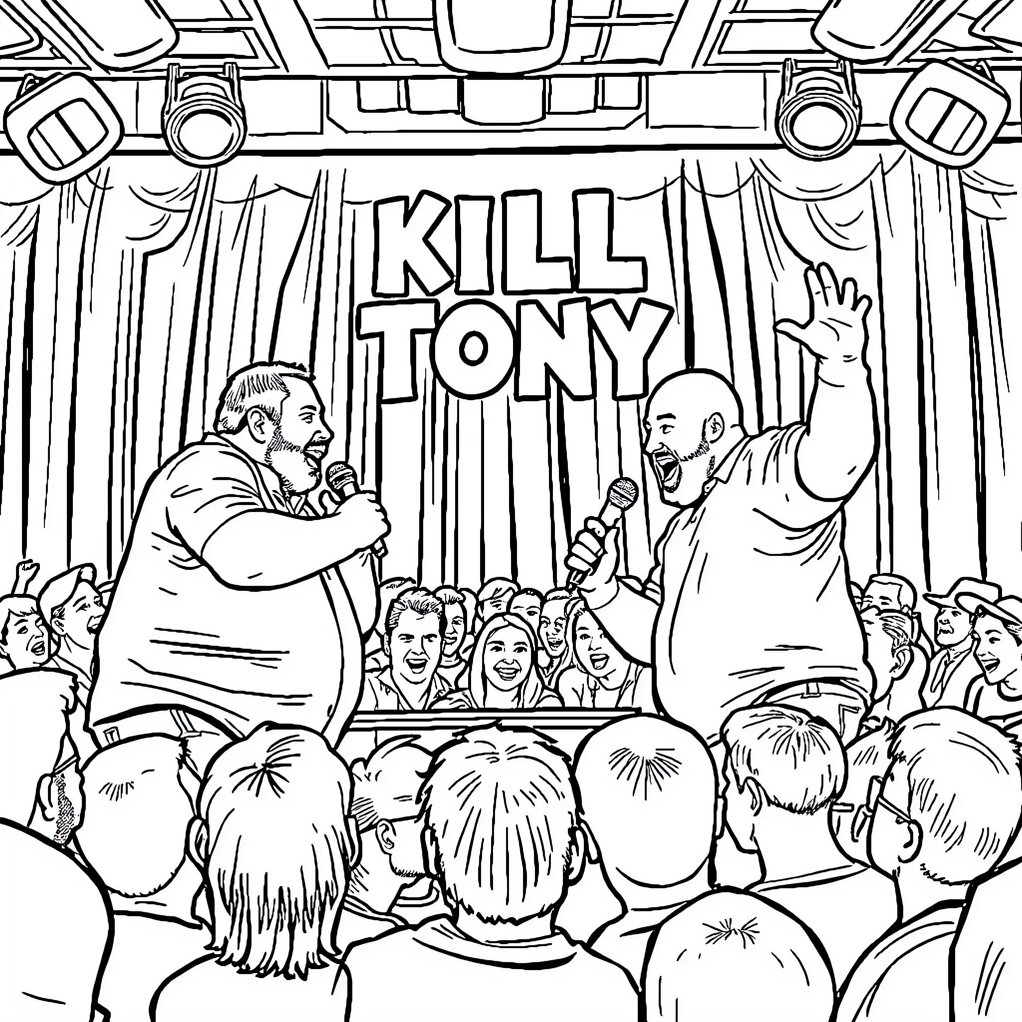 Tom Segura on stage with audience Coloring Page (free black-and-white line drawing printable PDF for all, from beginners to advanced learners, including children, teens, adults, and seniors)