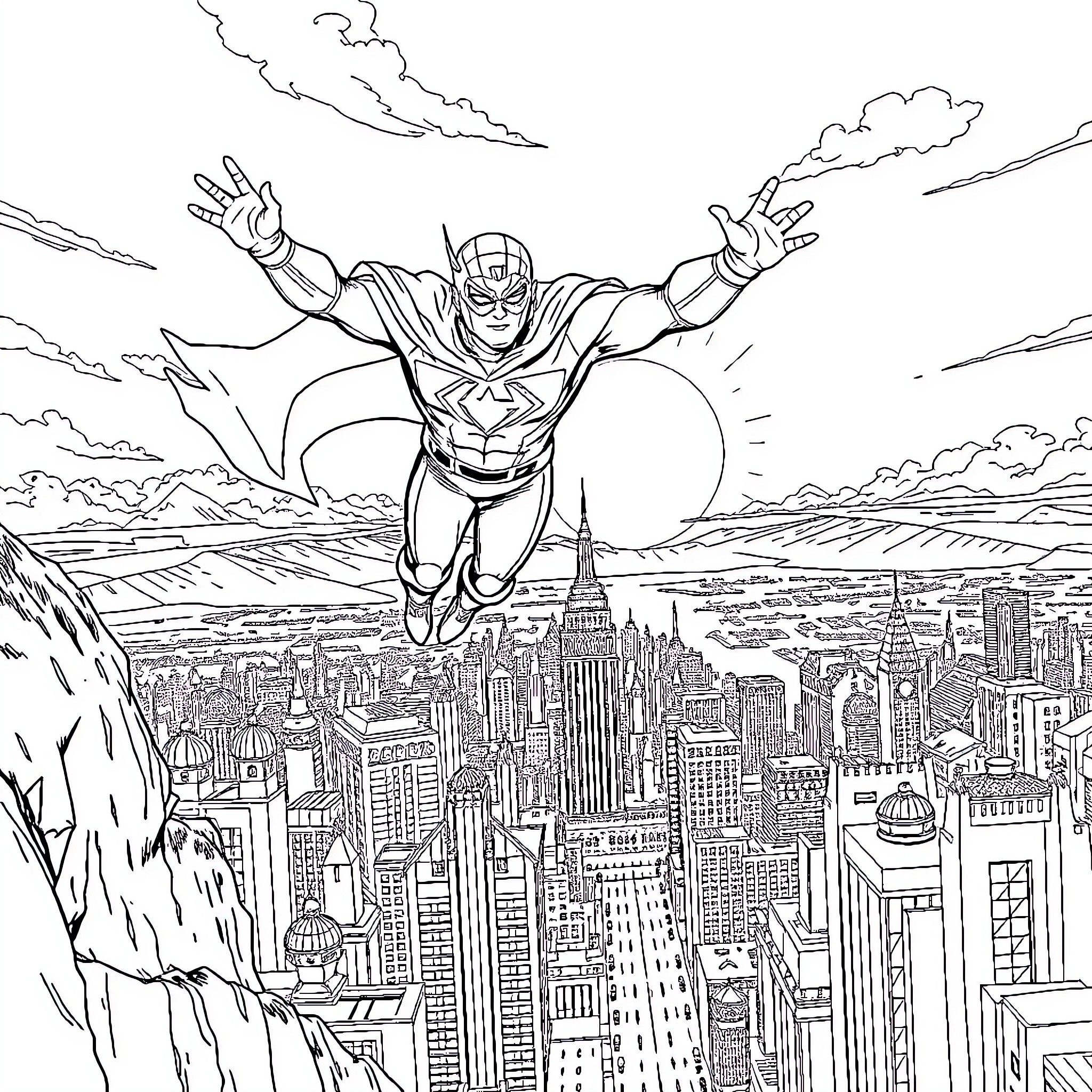 Superhero soaring over the city skyline Coloring Page (free black-and-white line drawing printable PDF for all, from beginners to advanced learners, including children, teens, adults, and seniors)
